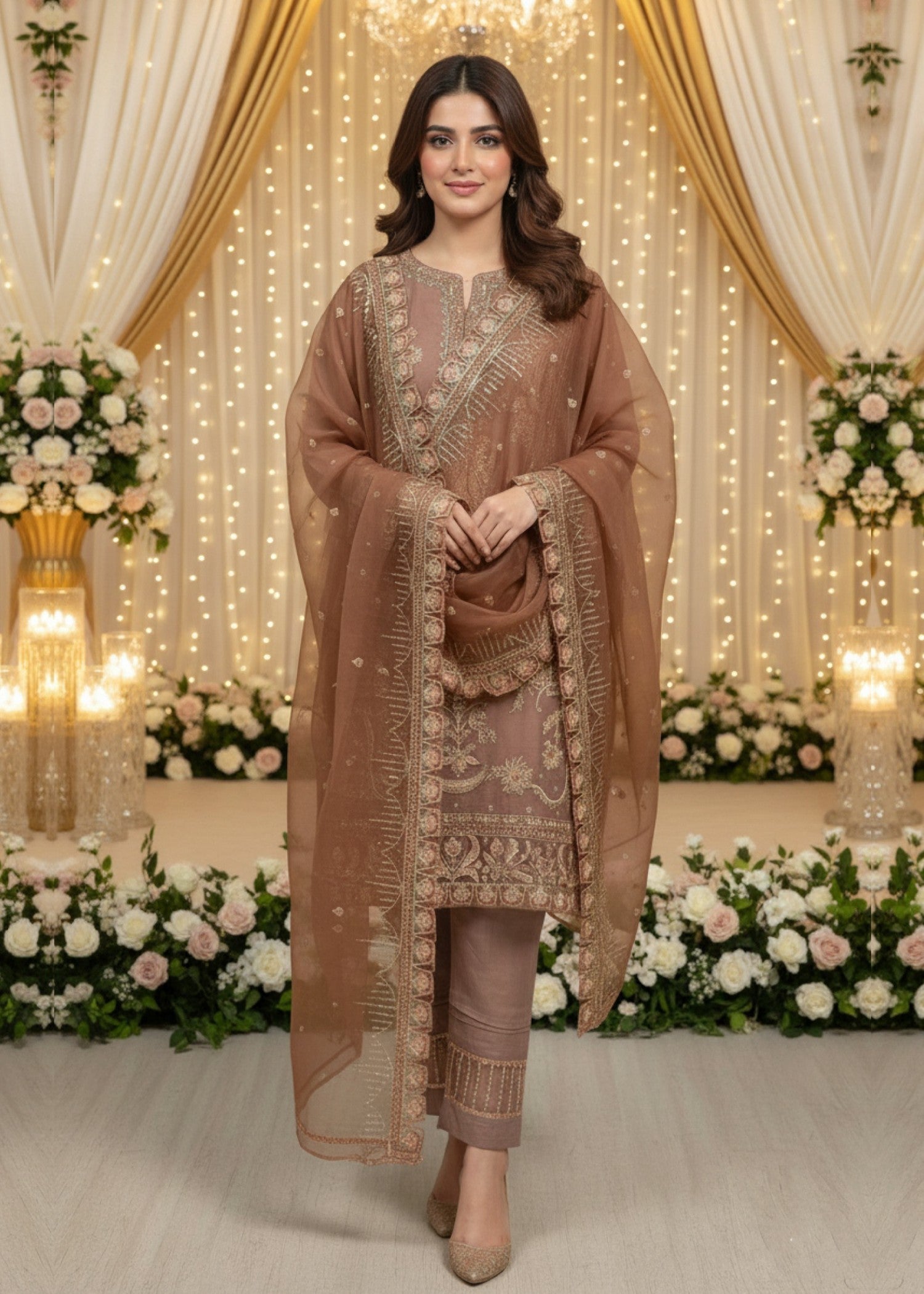 organza Kurta Set in Mocha brown
