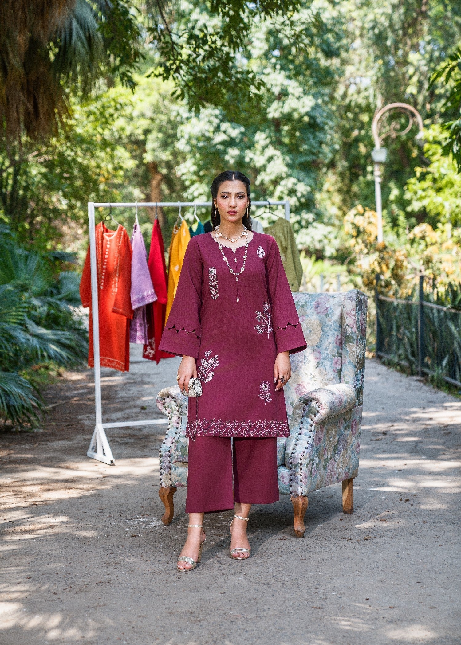 textured lawn Kurta Set in Wine