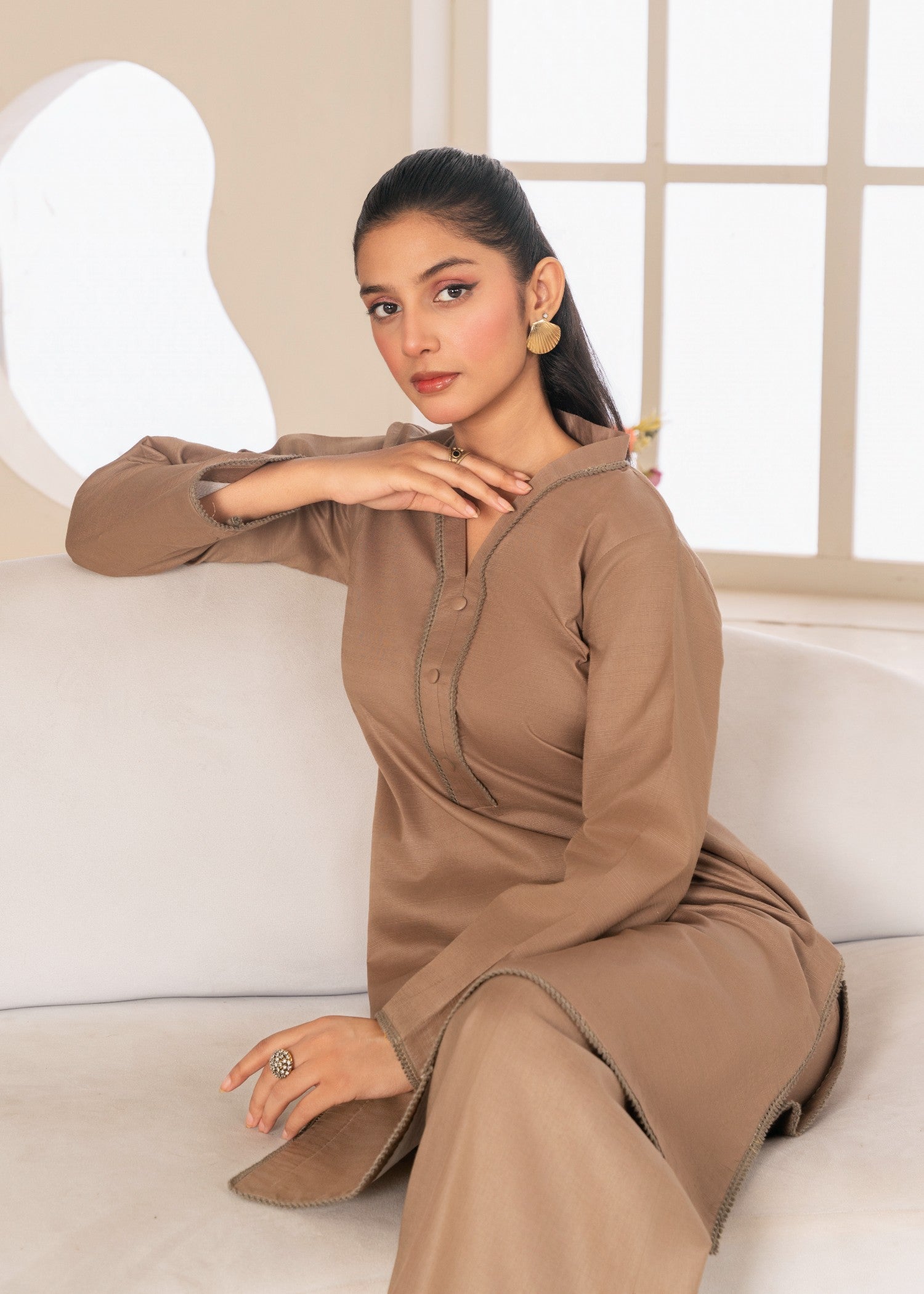 poly lawn Kurta Set in Almond brown
