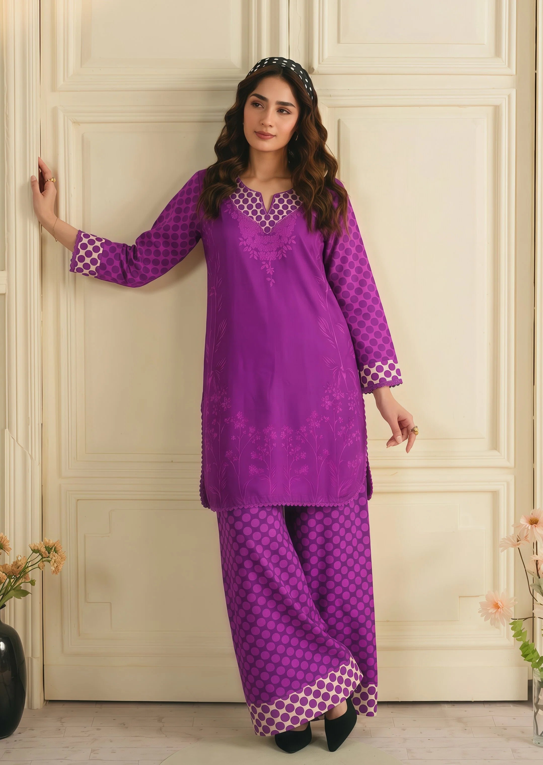 poly lawn Kurta Set in Purple