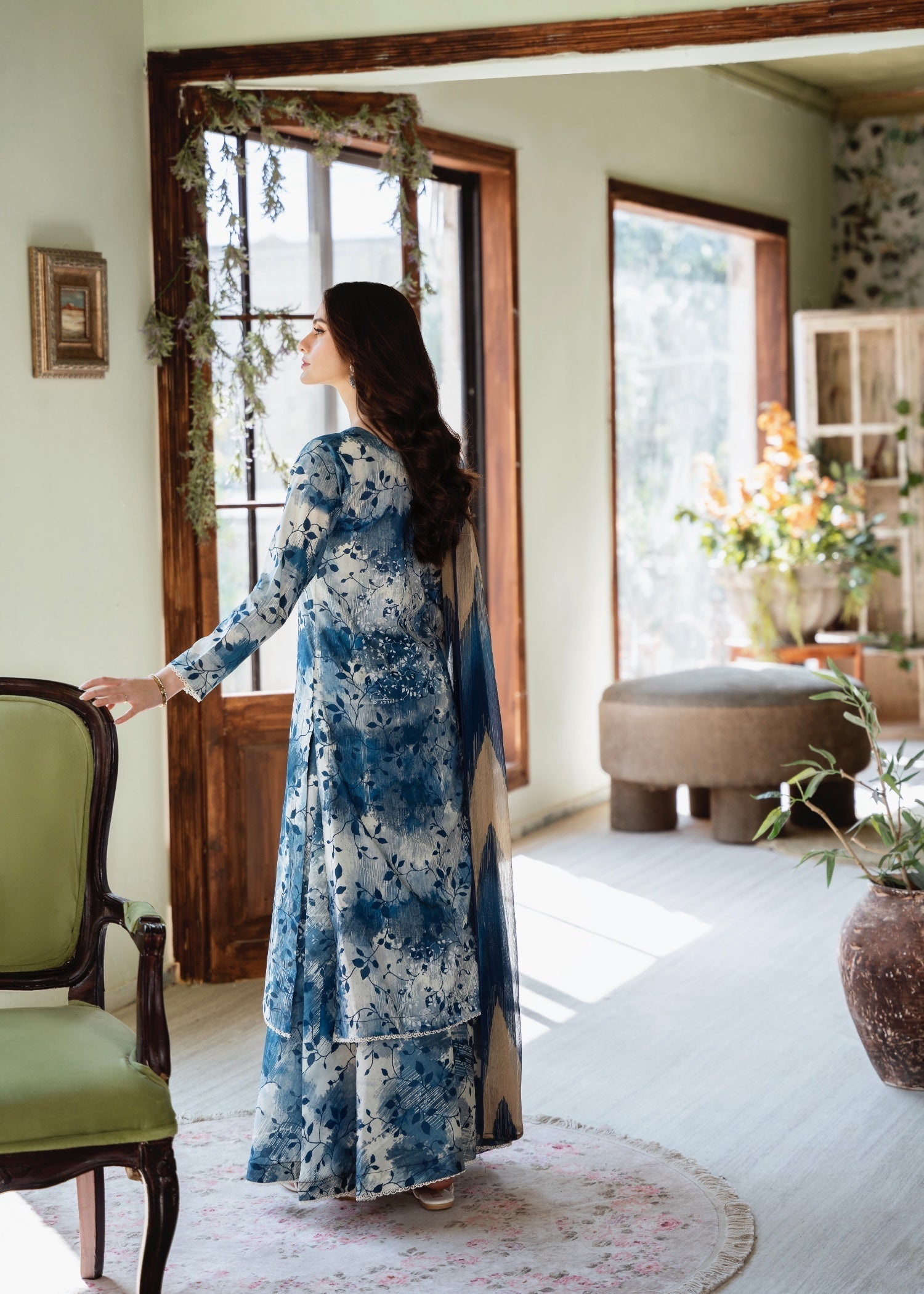 lawn Sharara in Antique white, powder blue