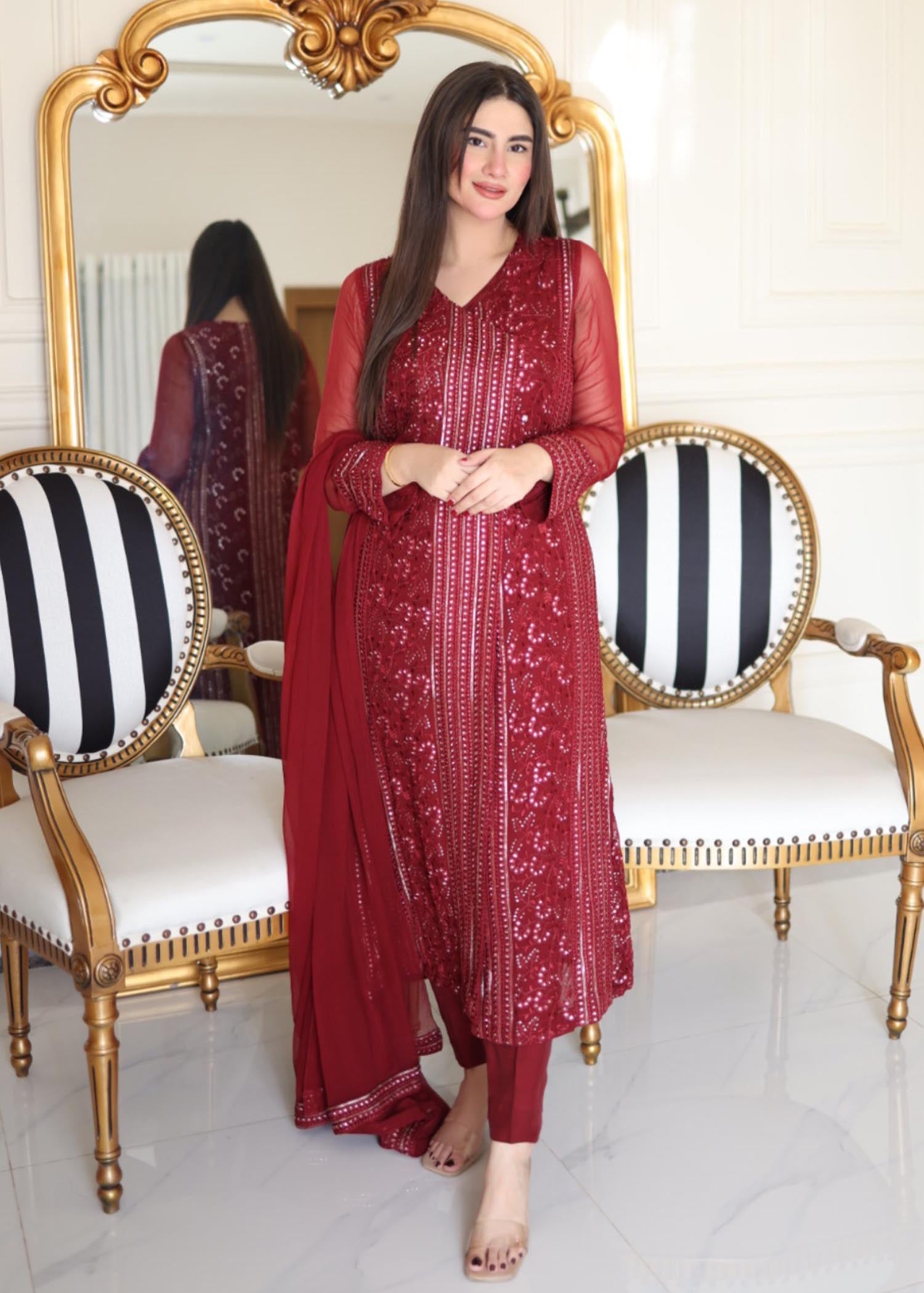 chikankari cotton Angrakha in Maroon