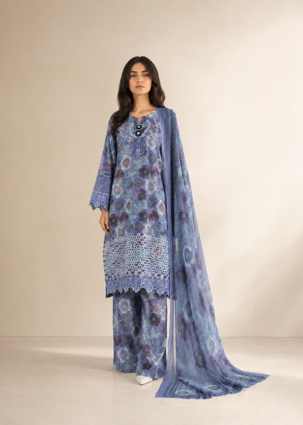 lawn Kurta Set in Teal, steel teal, shadow blue
