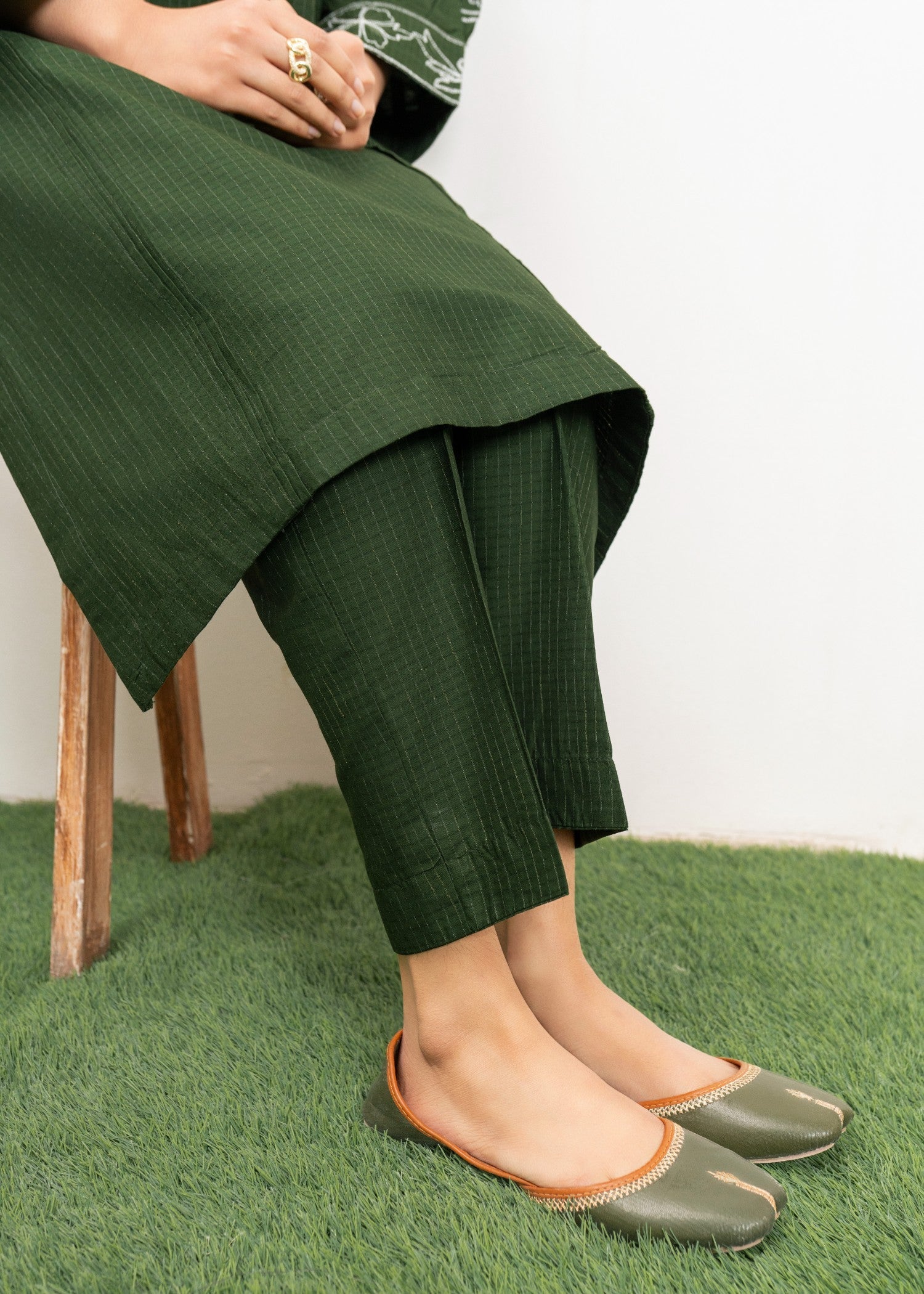 cambric Kurta Set in Dark green