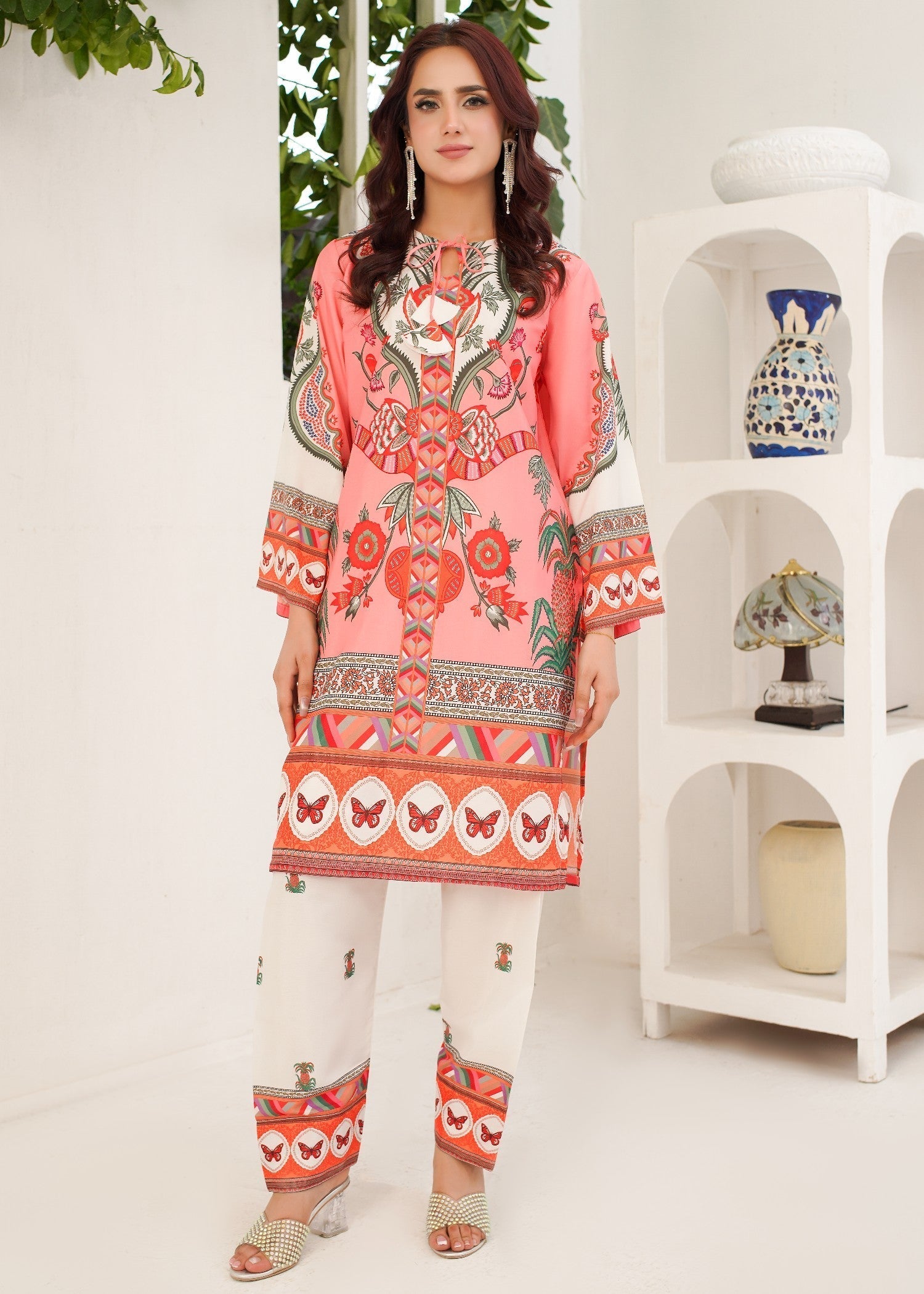 polyester crepe Kurta Set in Bubblegum pink