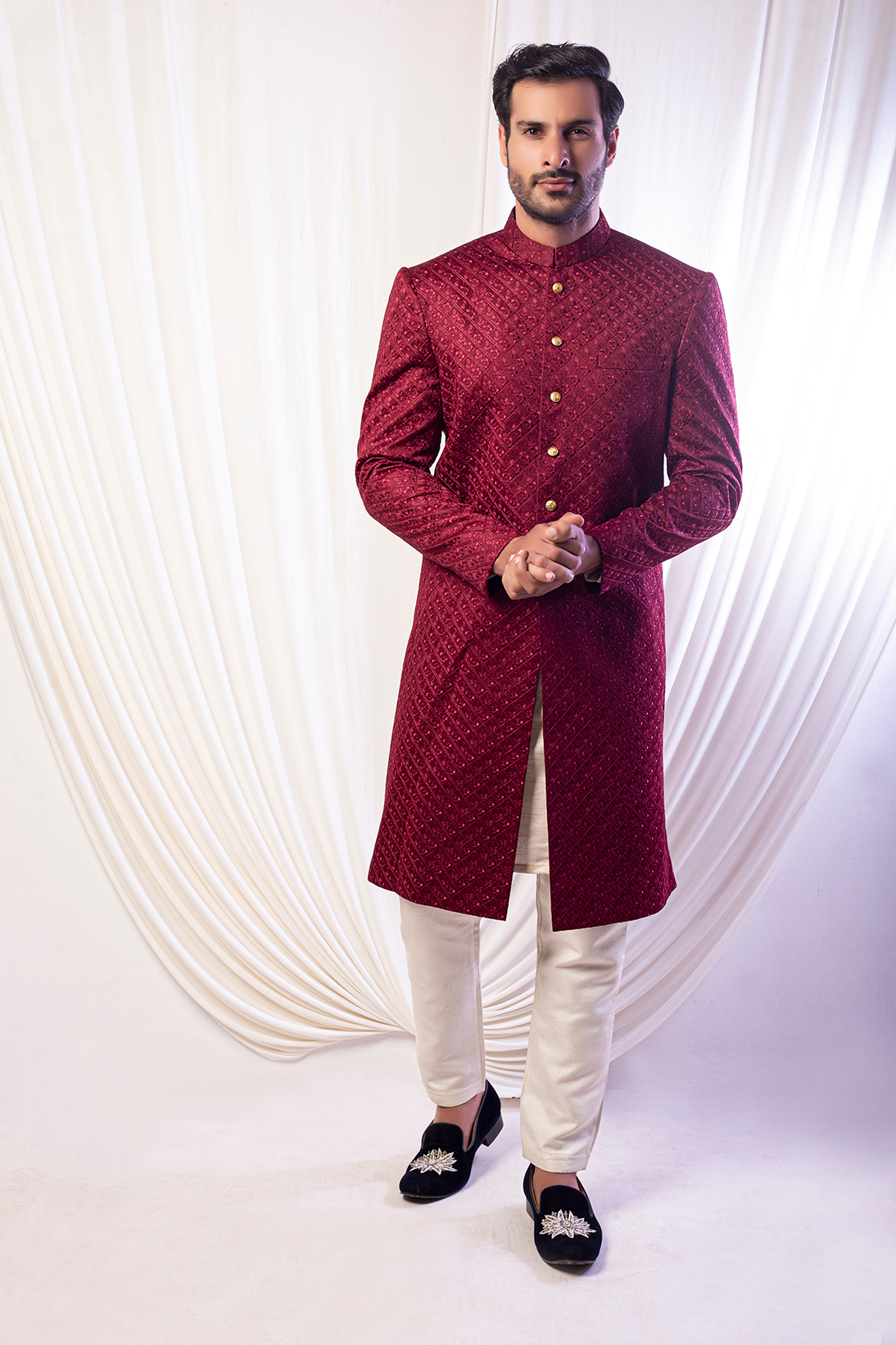 raw silk Sherwani in Maroon