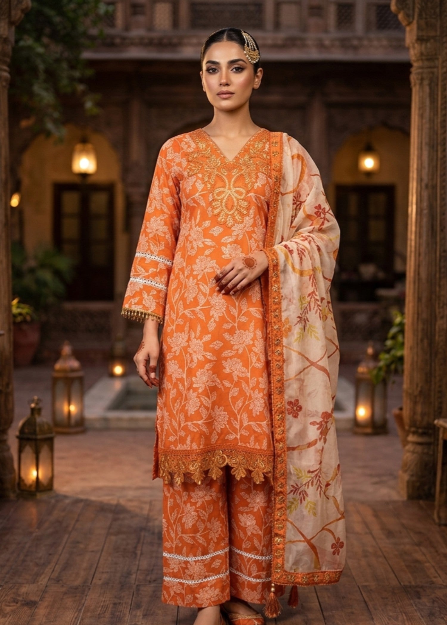 lawn Kurta Set in Pumpkin orange