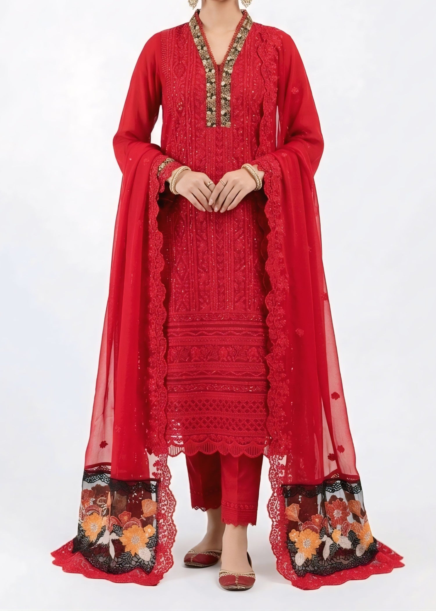 chiffon Kurta Set in Fire red