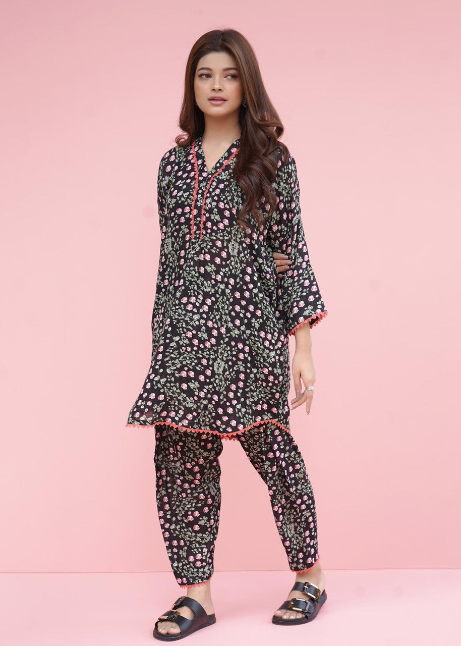 swiss lawn Kurta Set in Black