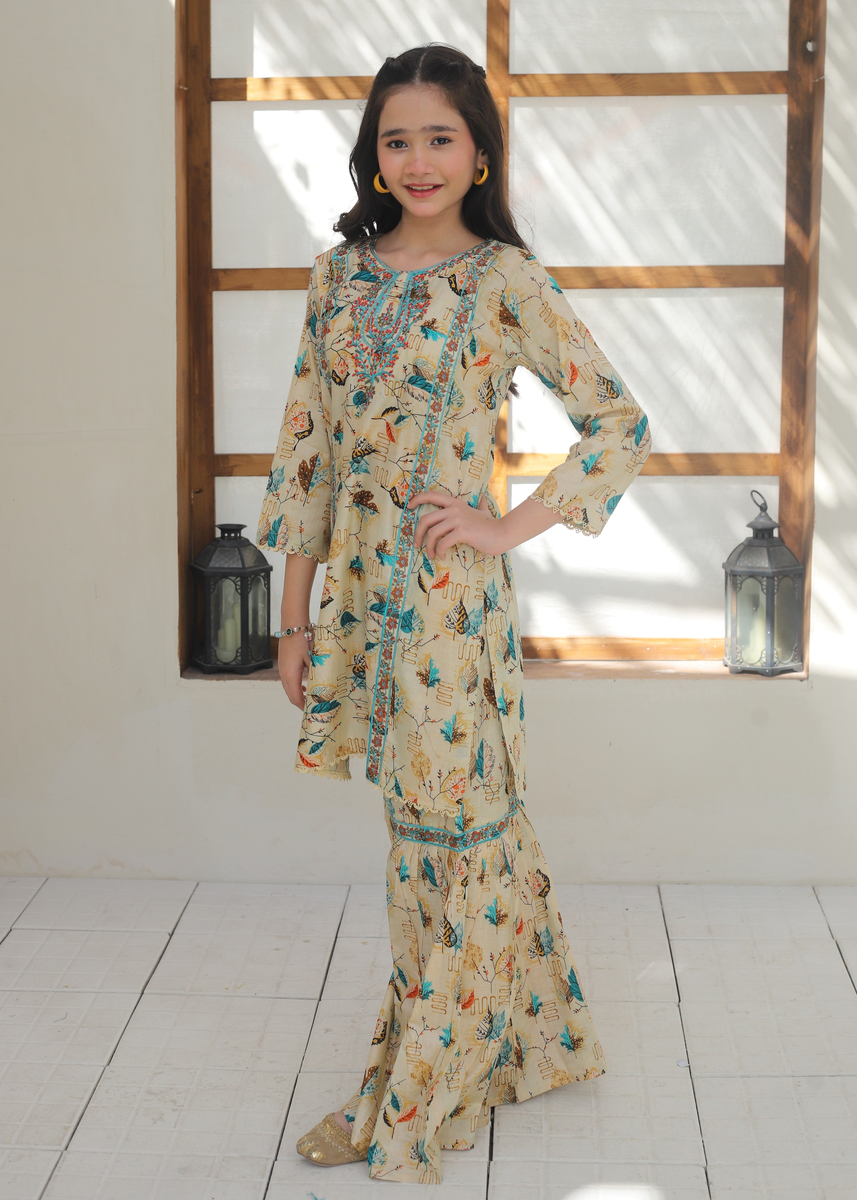 lawn Gharara in Beige