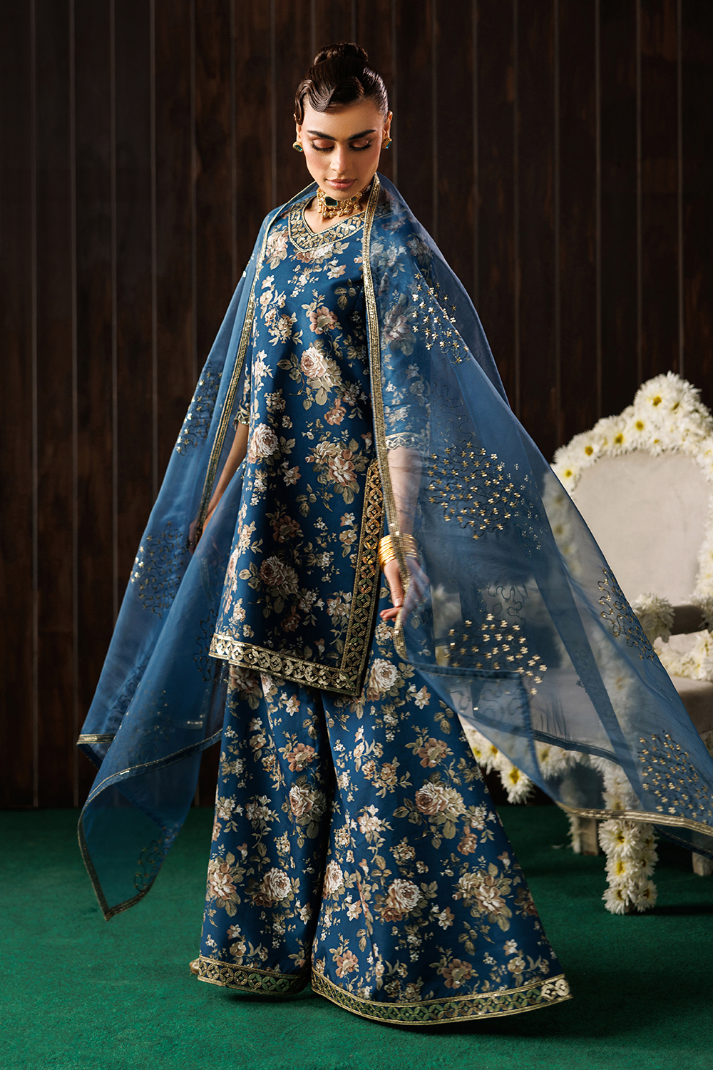 zari organza Sharara in Teal