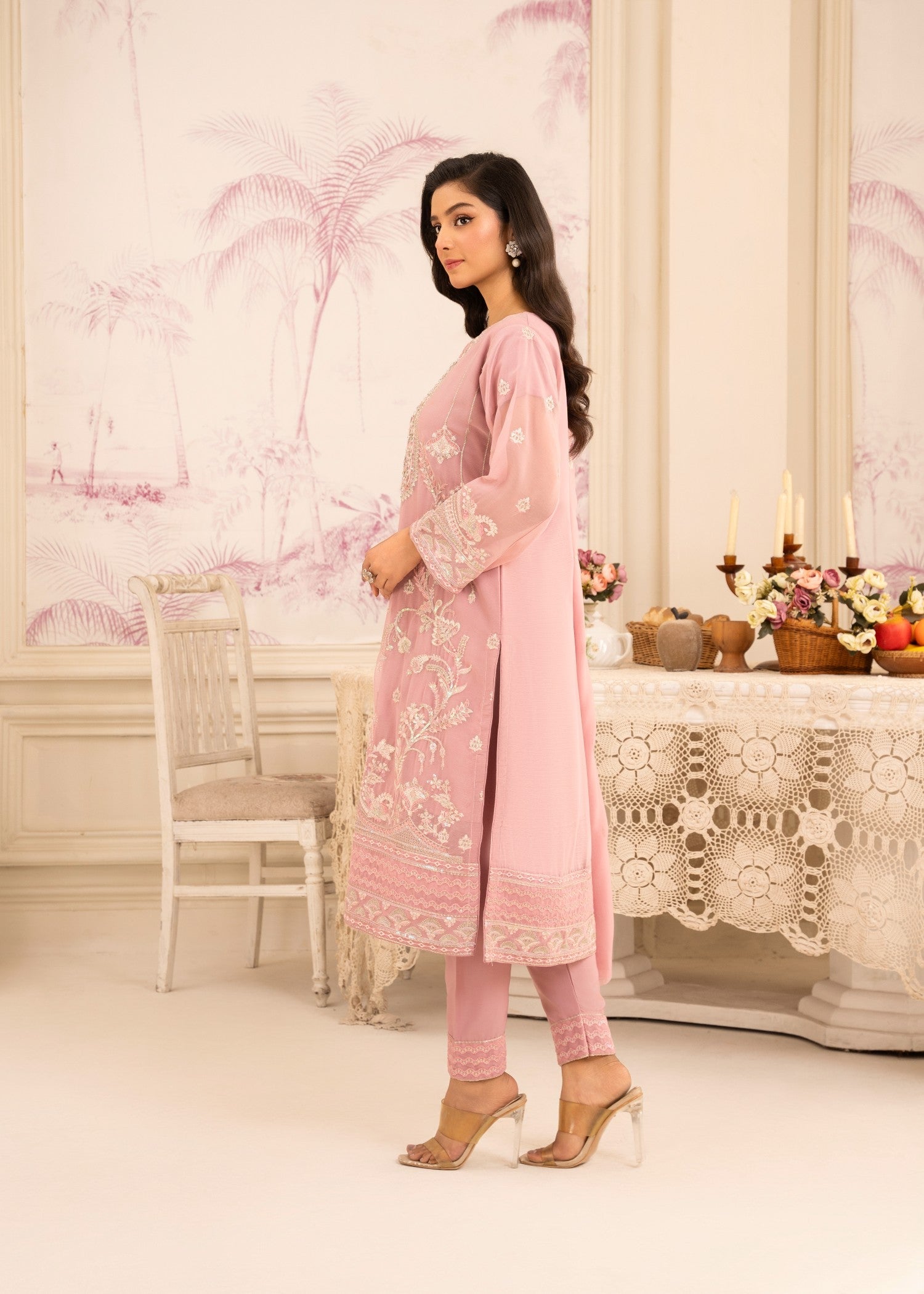 chiffon Kurta Set in Indian pink