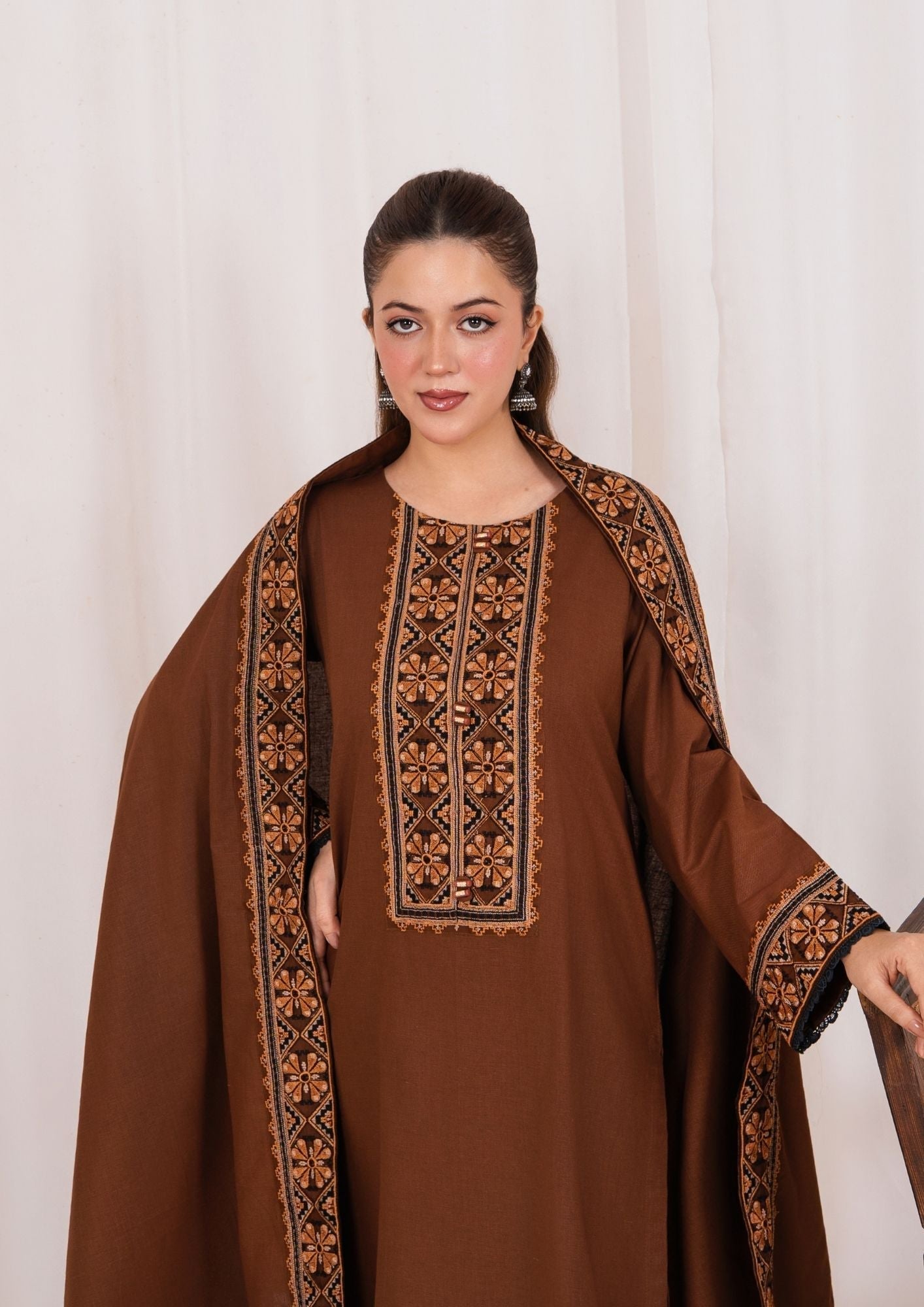 khaddar Kurta Set in Chocolate brown
