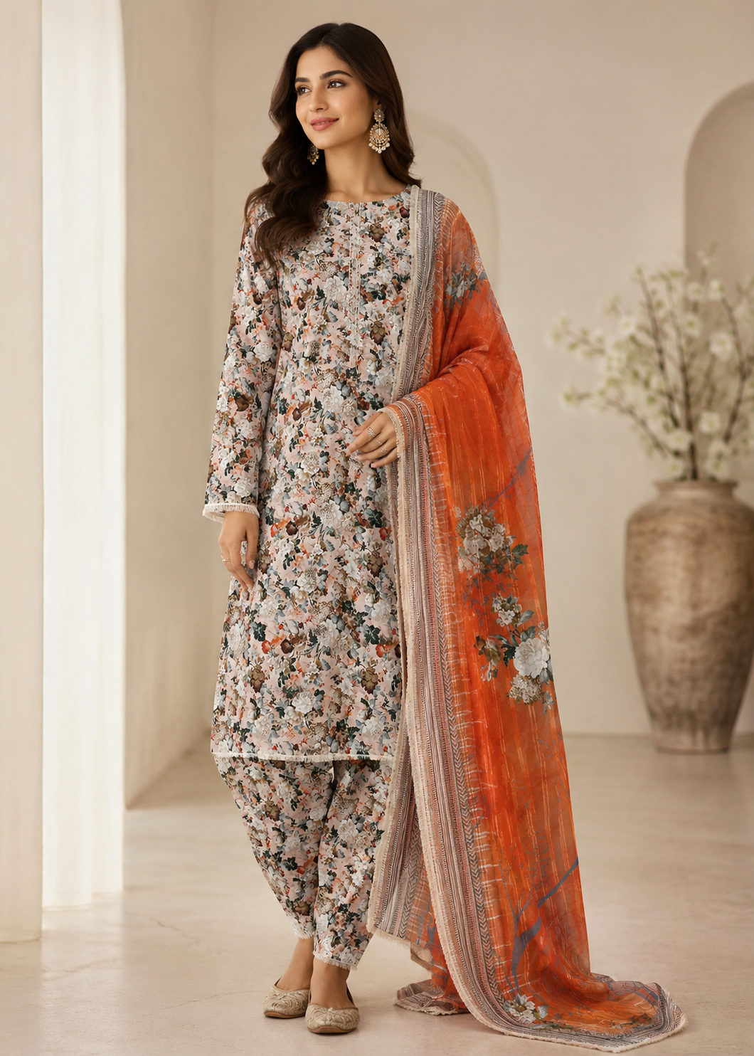 swiss lawn Unstitched in Beige, orange