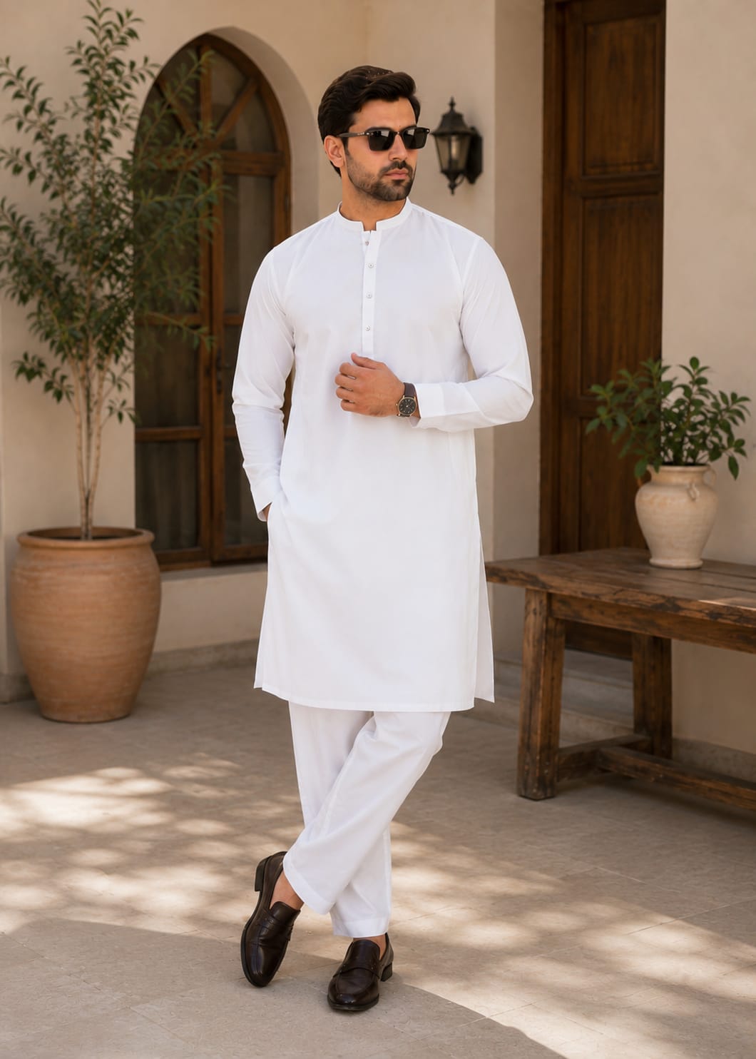 wash & wear Kurta Set in White by Hassan Jee Men