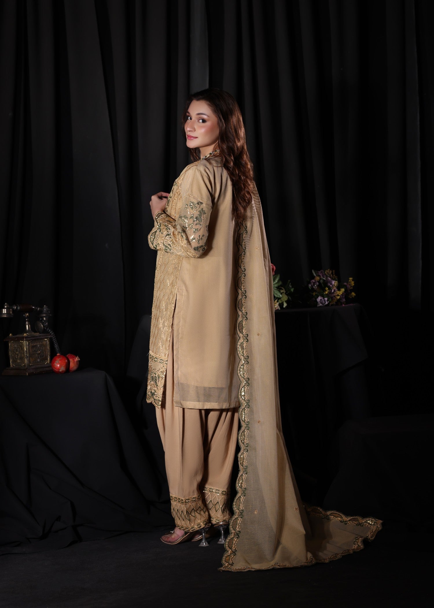 khaddi net Kurta Set in Khaki brown