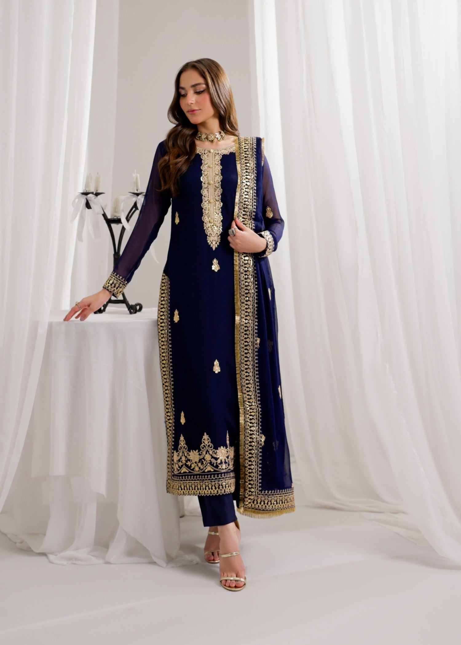 bemberg crinkle chiffon Kurta Set in Navy blue