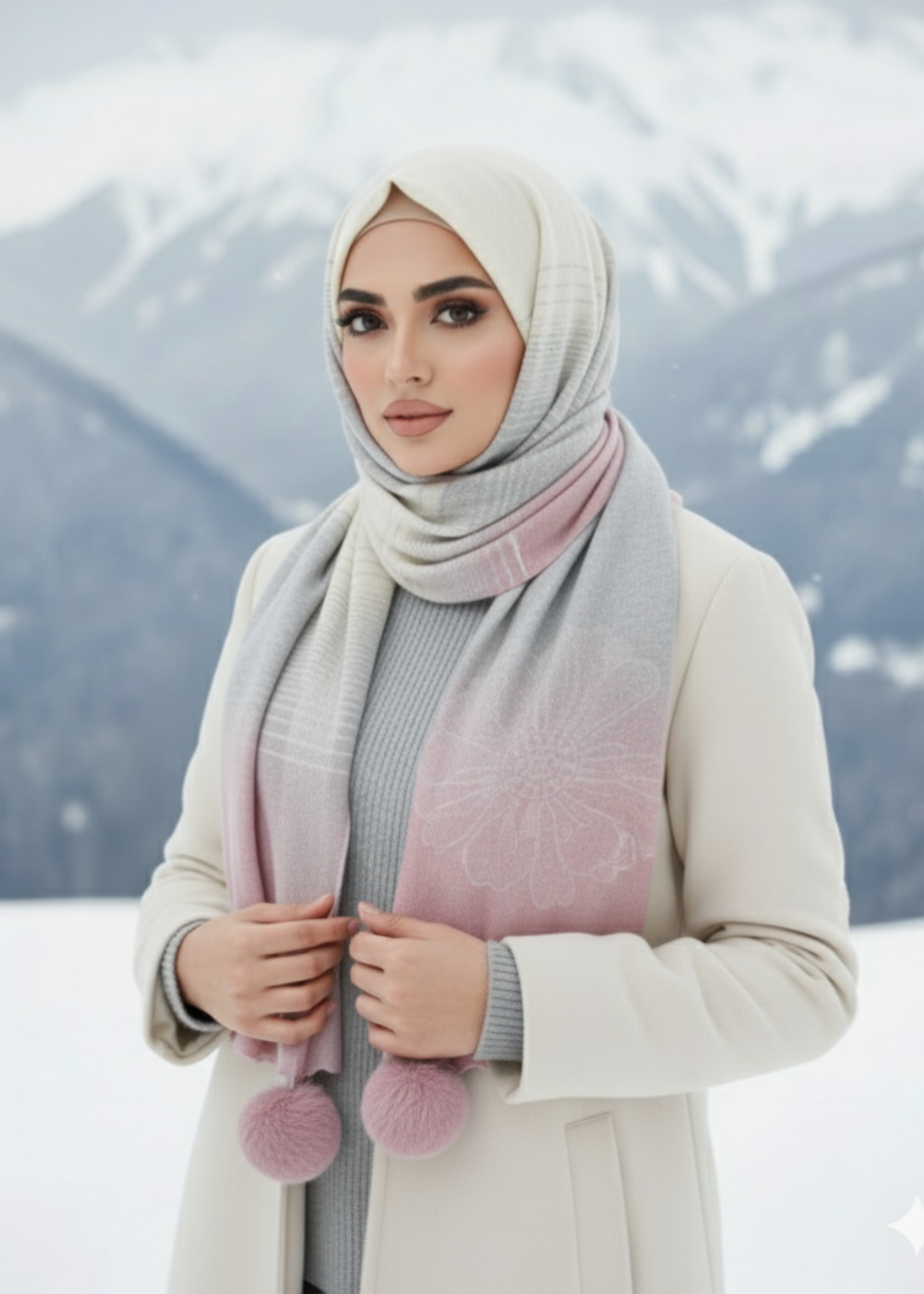 wool Hijab in Multi, white, rose pink
