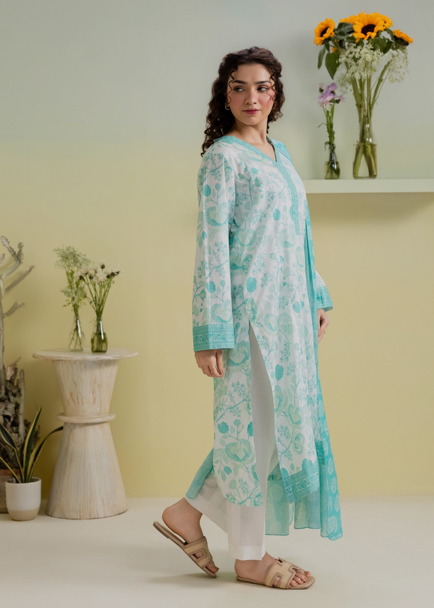 slub lawn Kurta Set in Sky blue, white