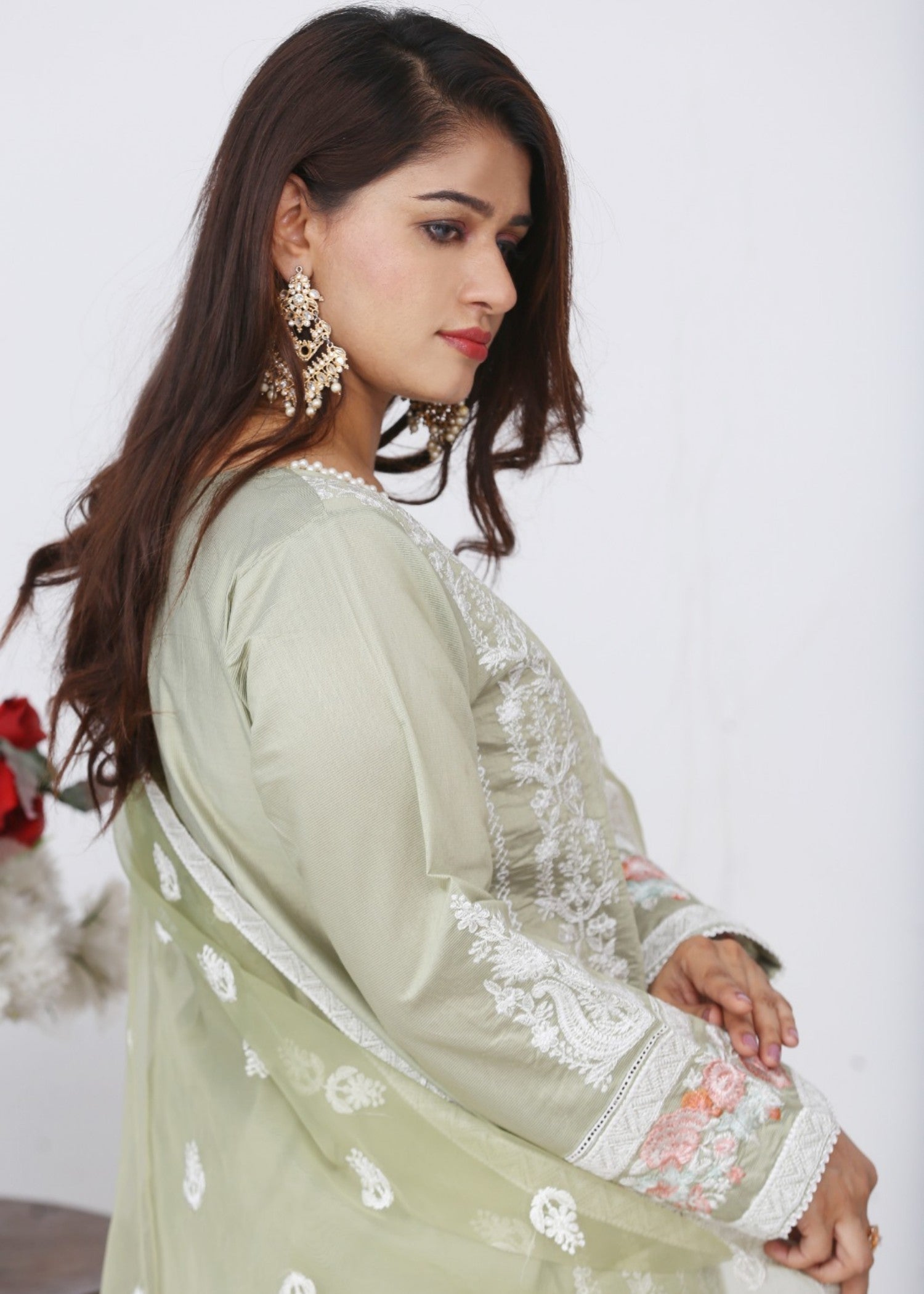 khaddi net Kurta Set in Pistachio green