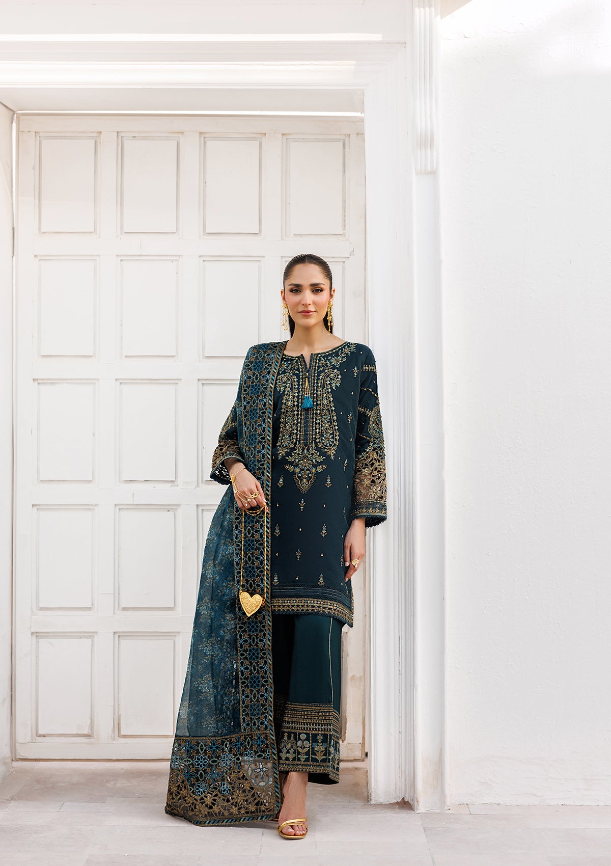 organza Kurta Set in Pine green