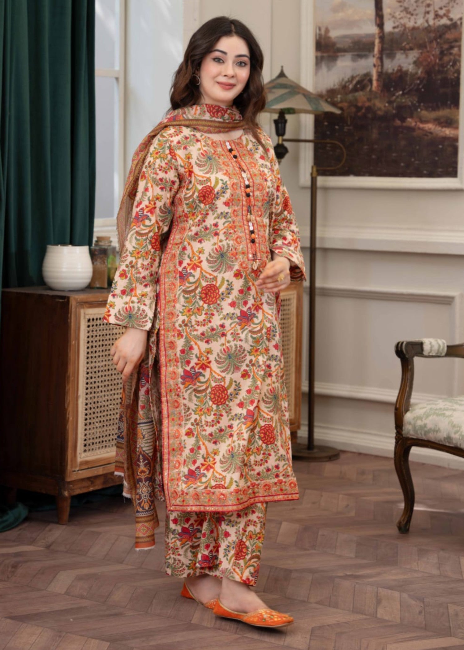 lawn cotton Kurta Set in Beige
