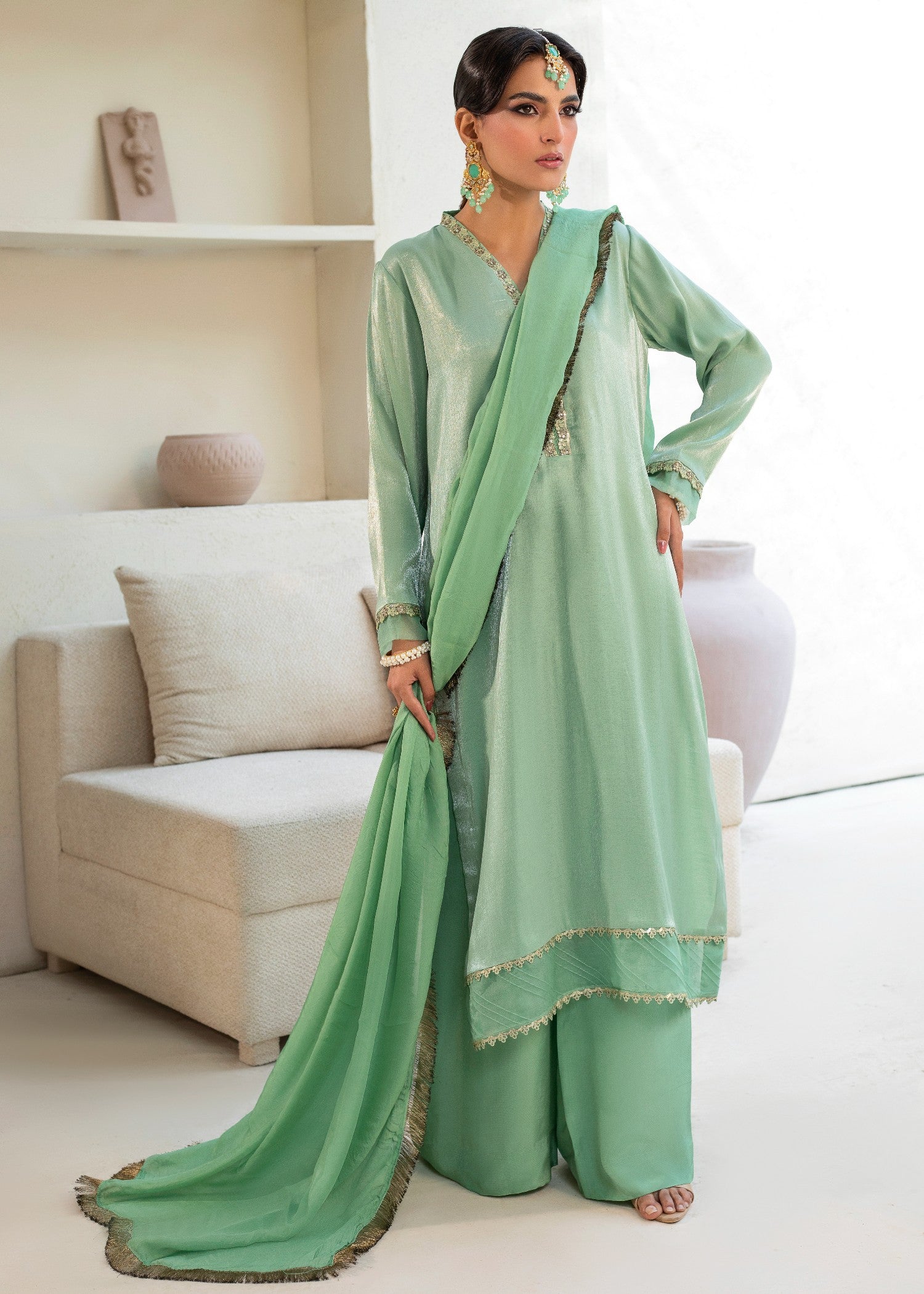 cotton silk Kurta Set in Pistachio green