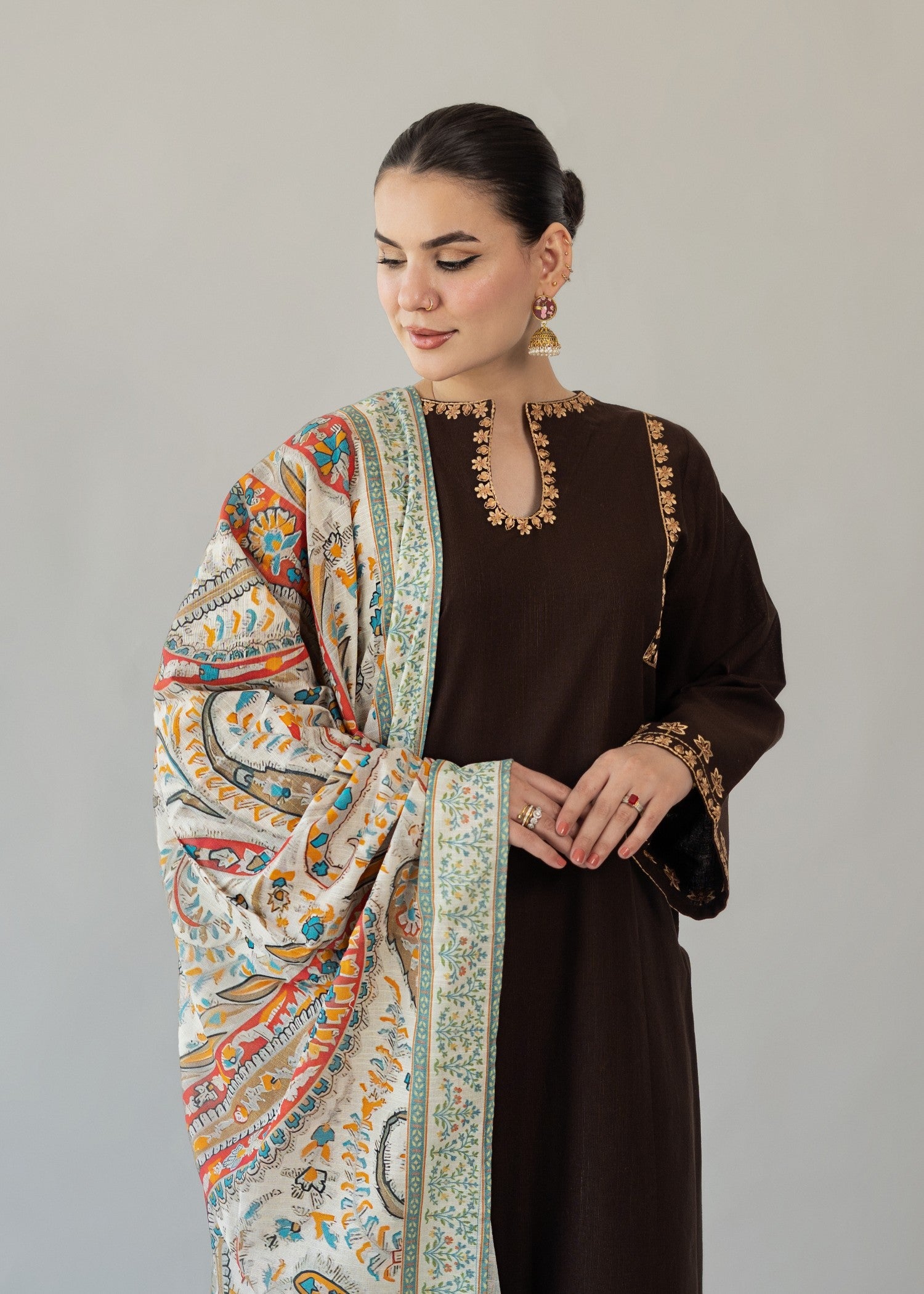 slub khaddar Kurta Set in Dark brown