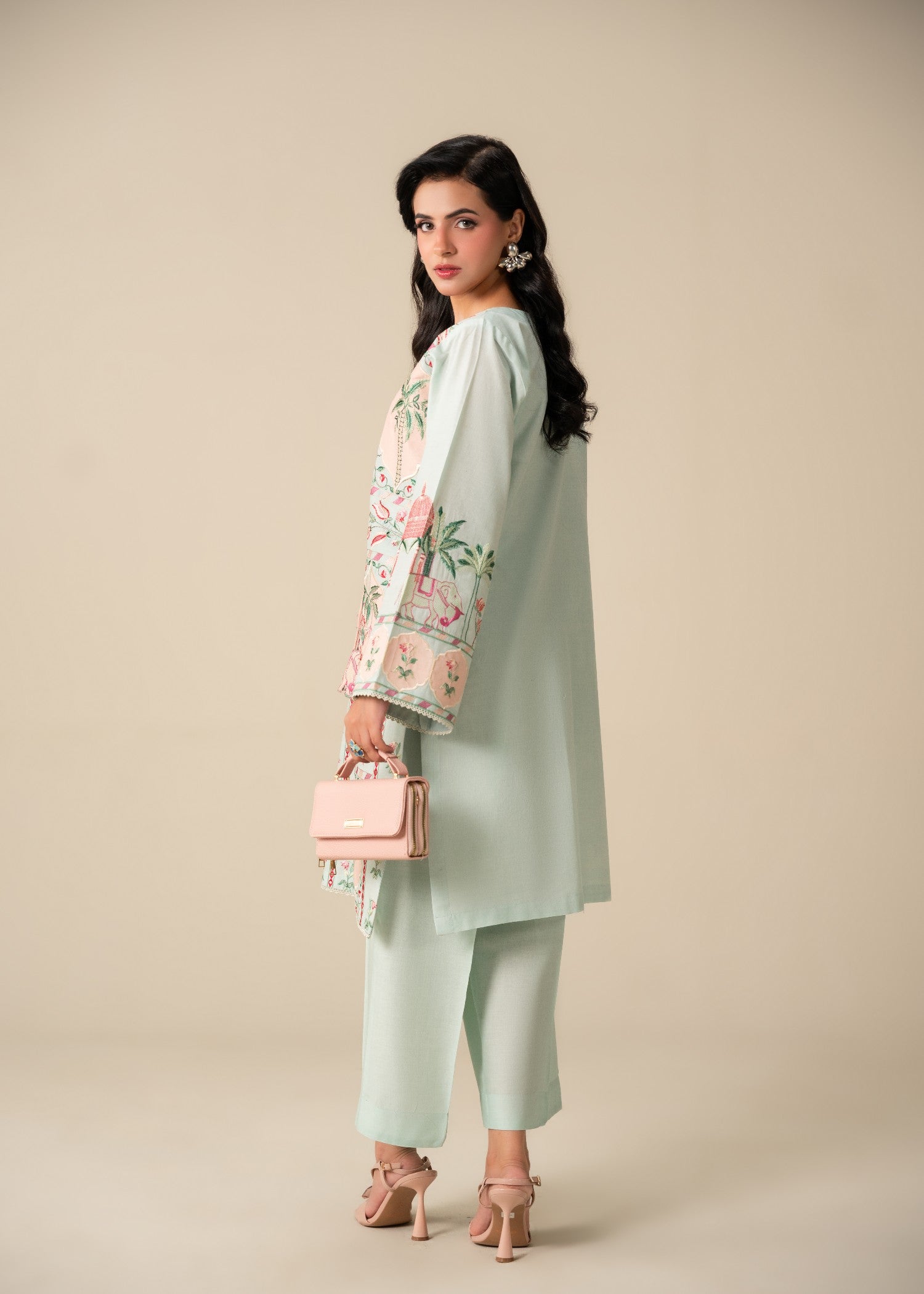 lawn Kurta Set in Peach pink, light cyan