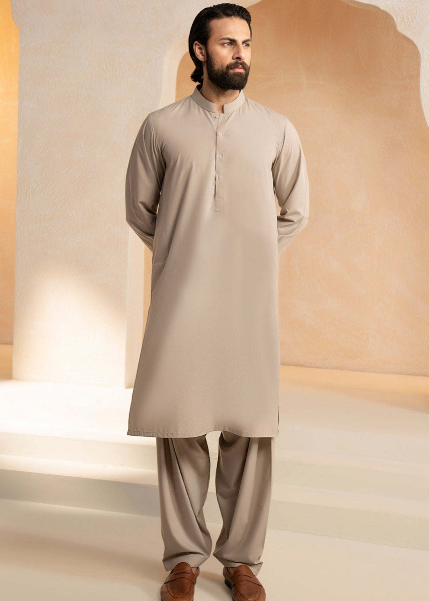 blended satin Shalwar Kameez in Beige