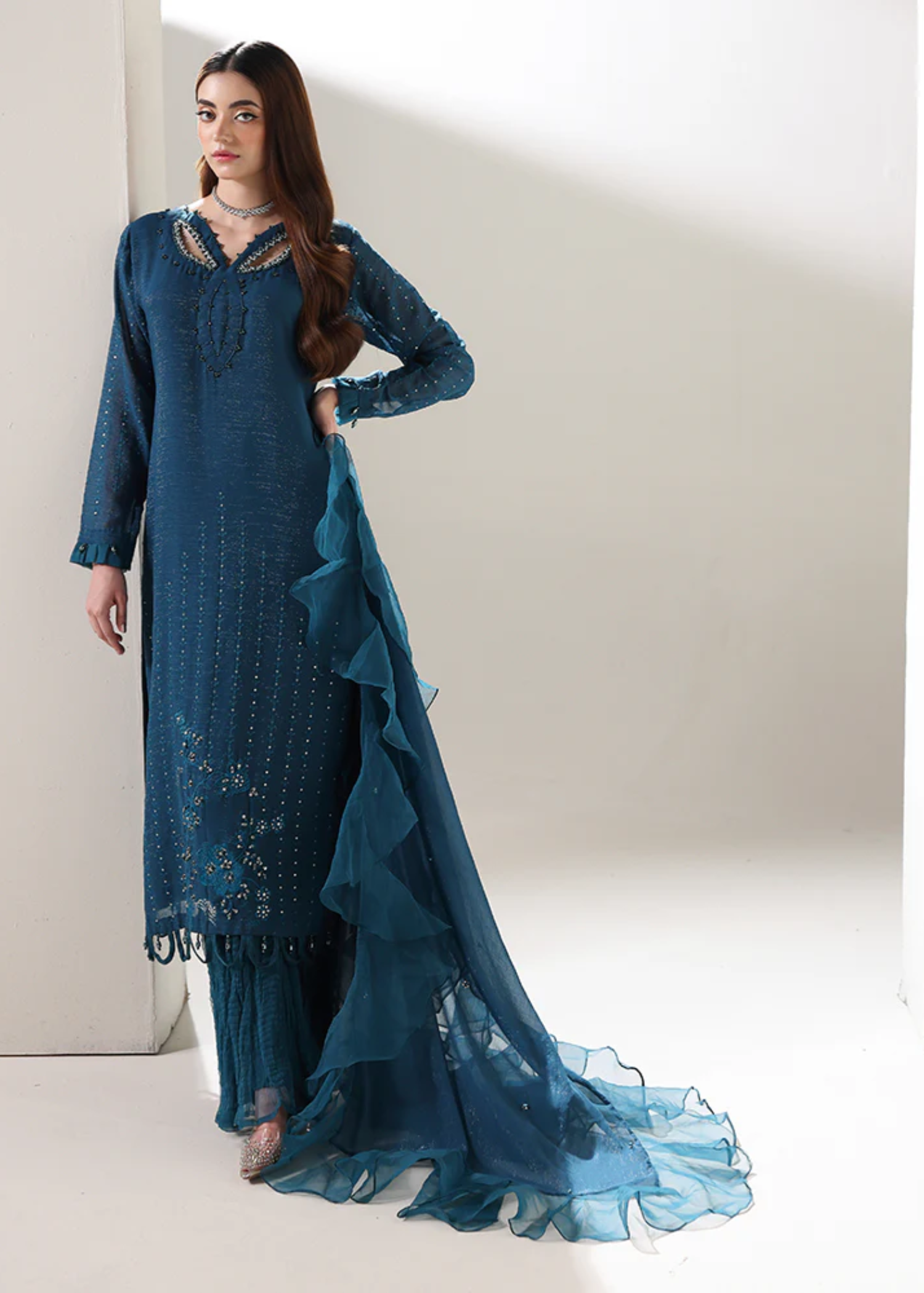 crinkle chiffon Kurta Set in Cobalt blue