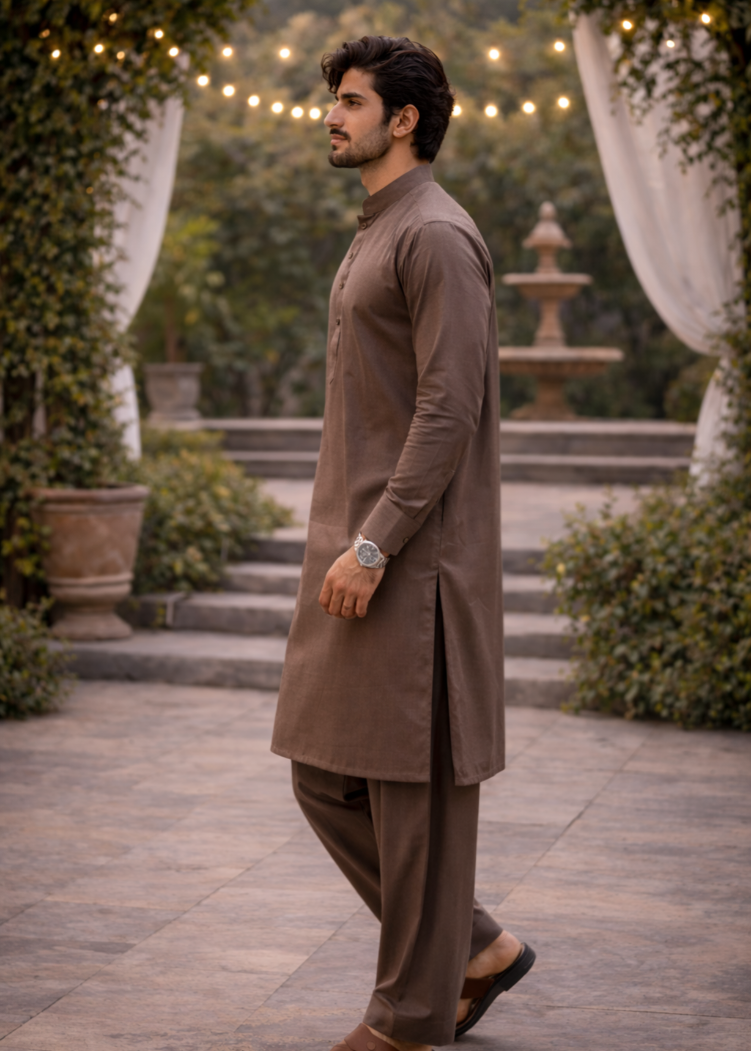 textured wash & wear Shalwar Kameez in Earth brown
