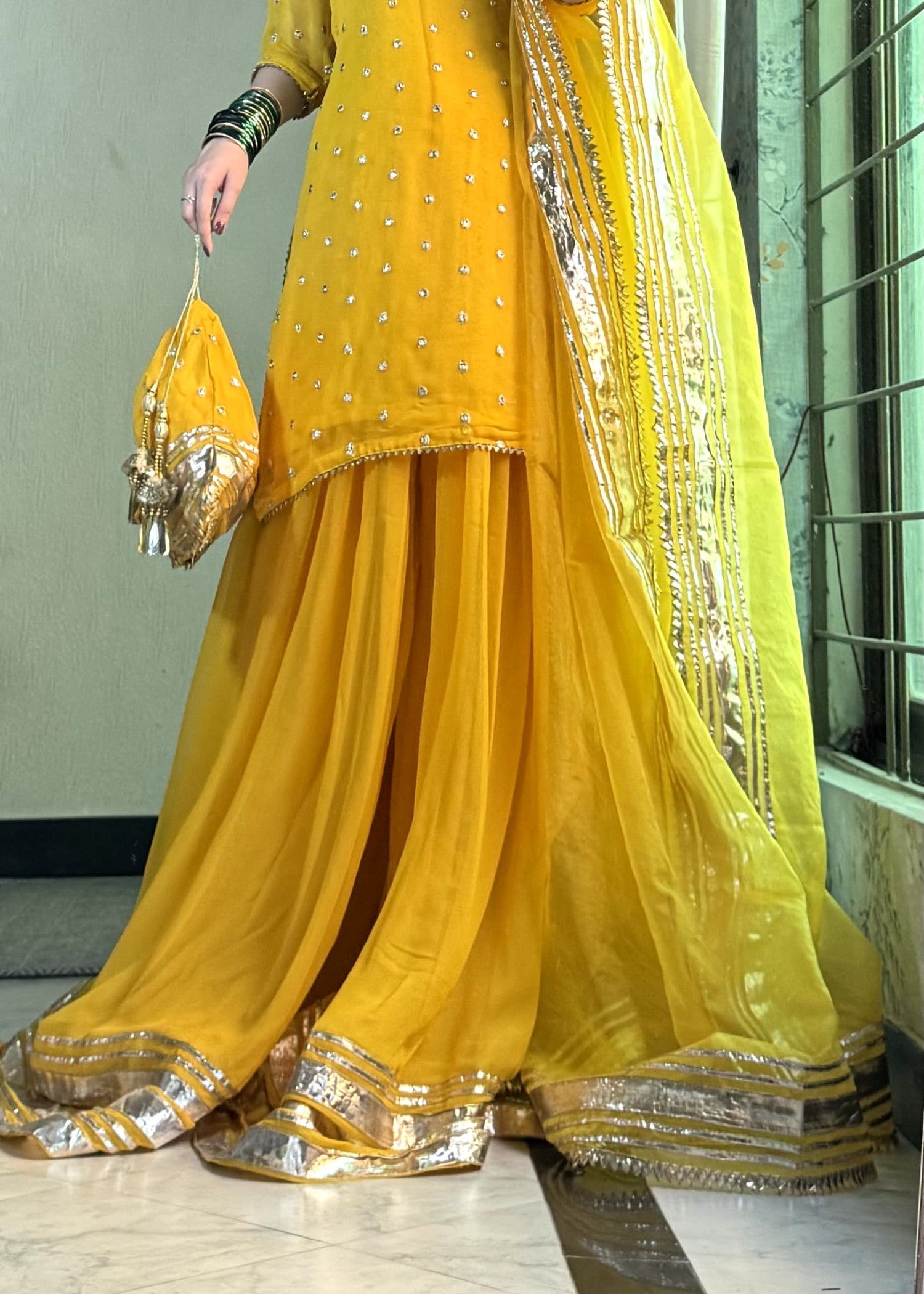bemberg crinkle chiffon Sharara in Yellow