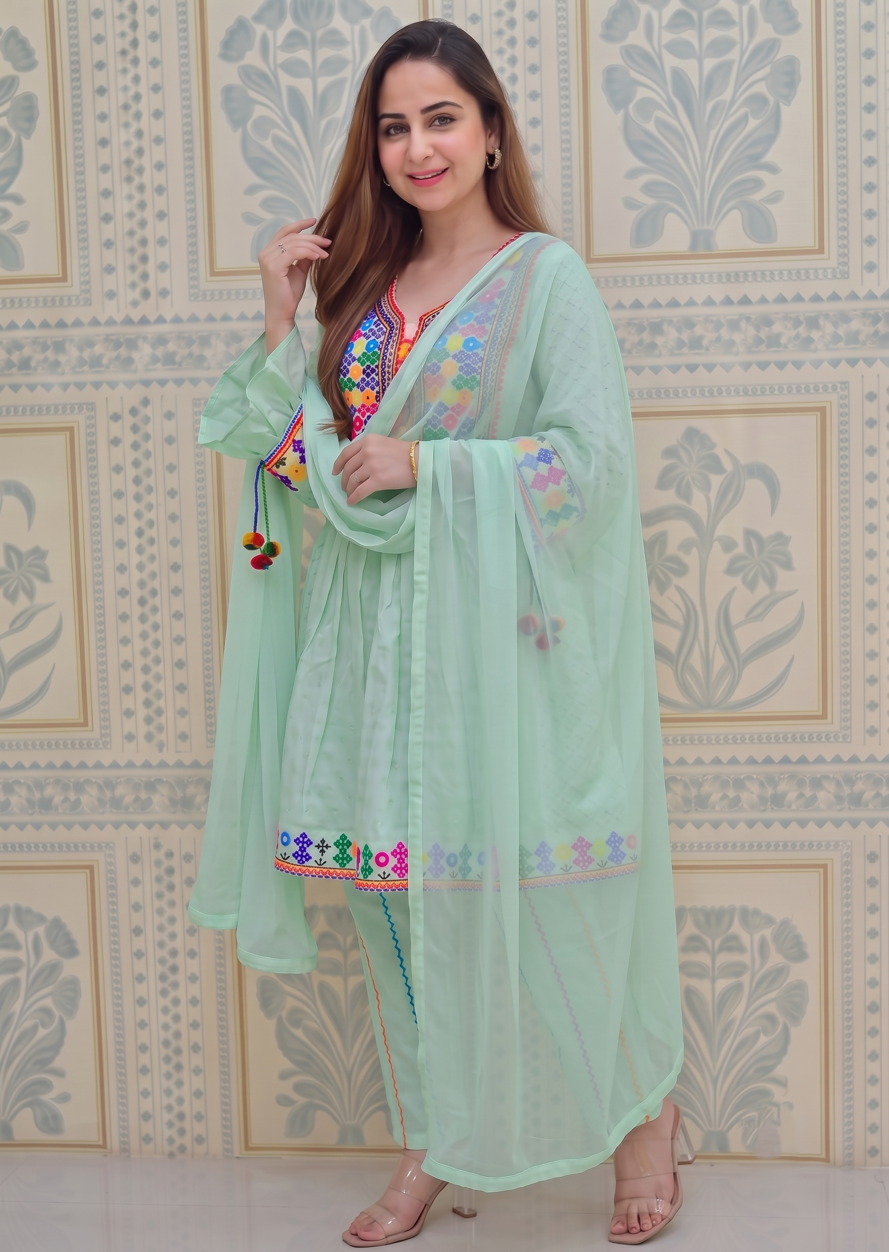 lawn cotton Short Frock in Mint green