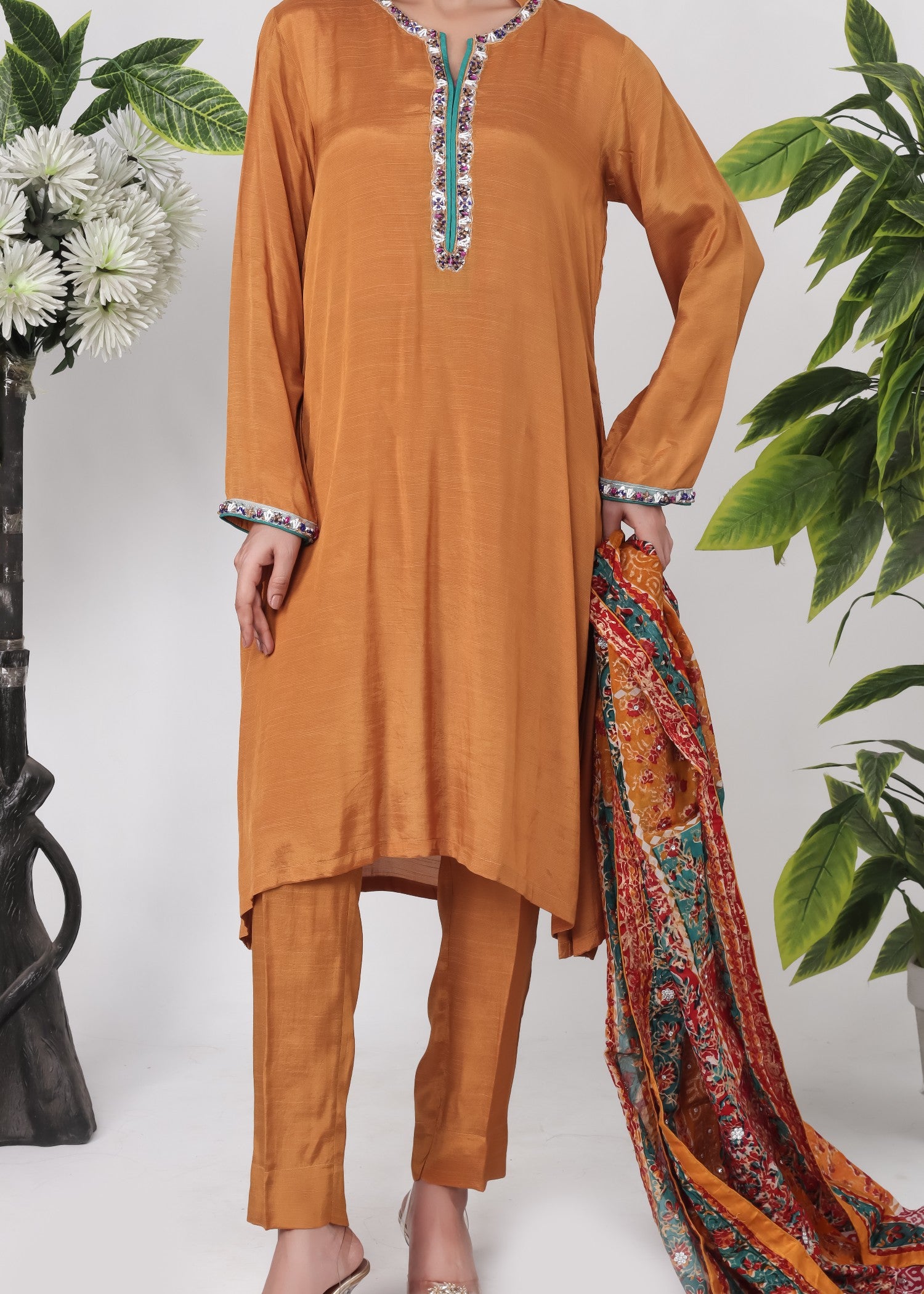 raw silk Kurta Set in Bright orange