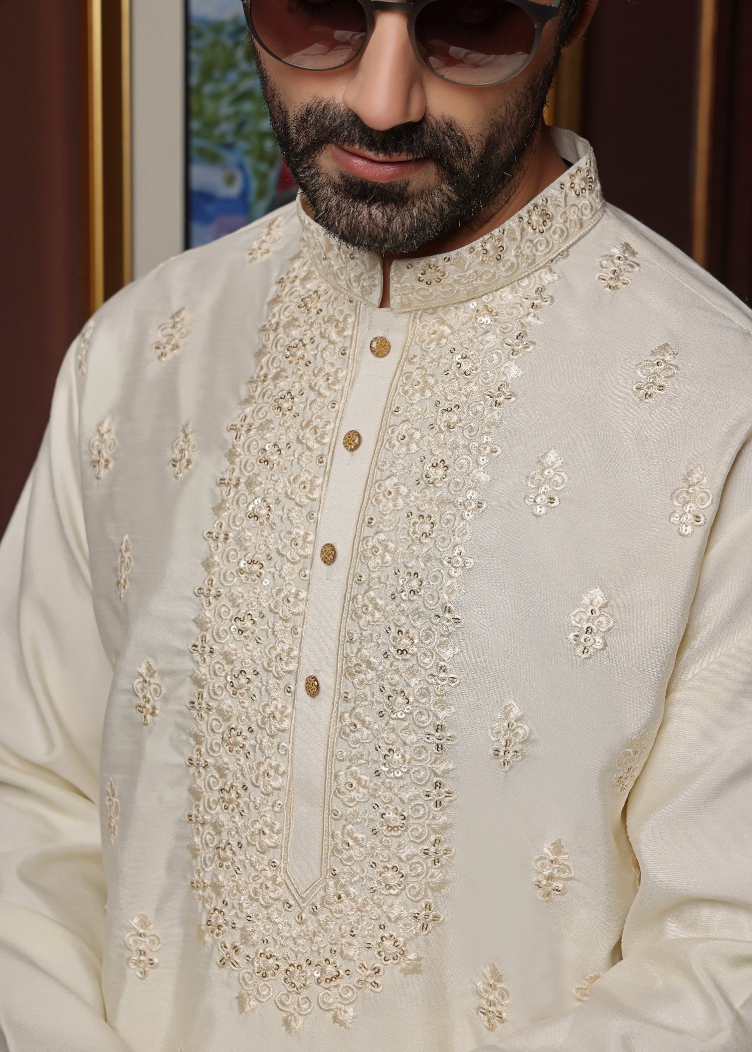 raw silk Kurta Set in Ivory