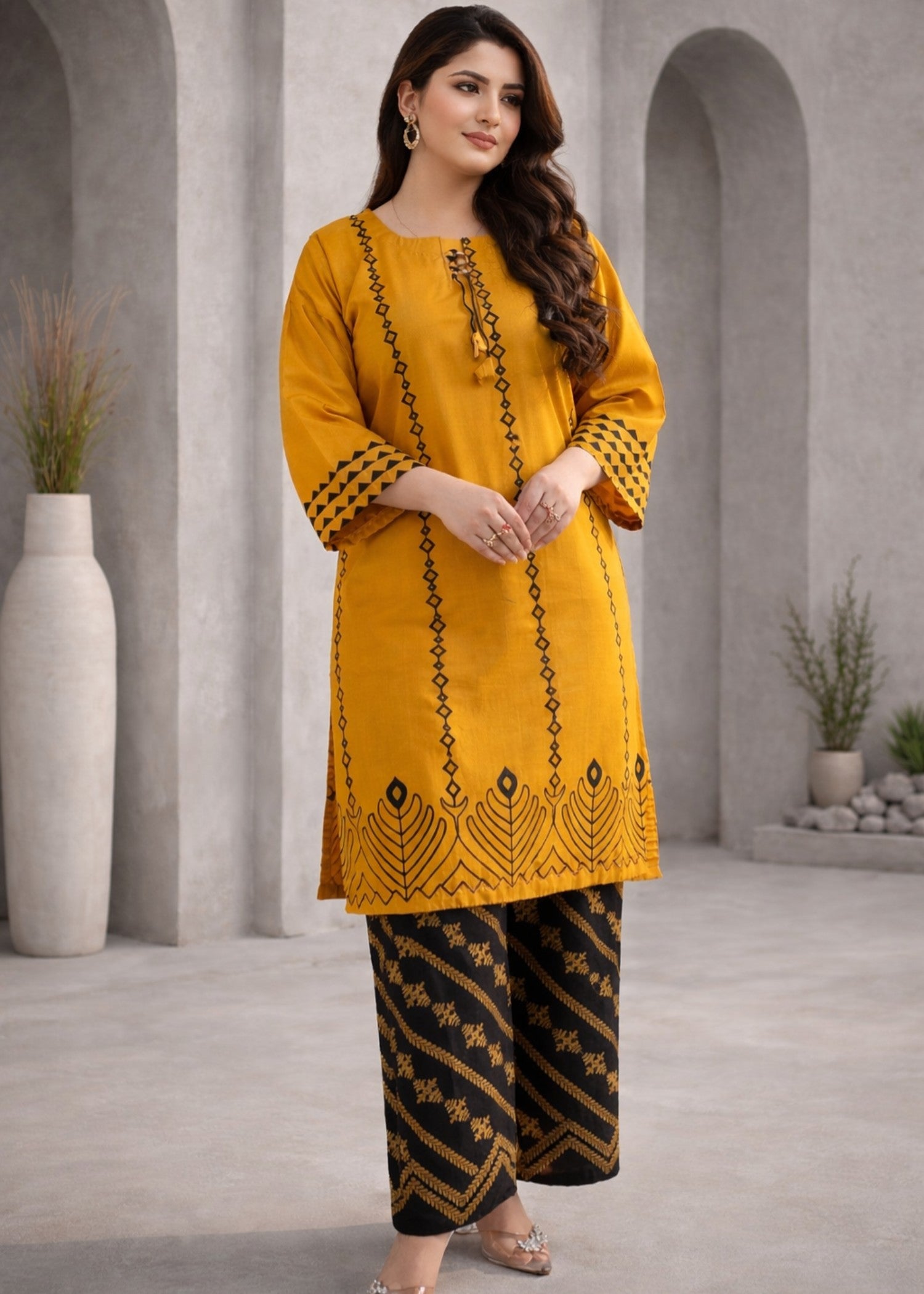 linen Kurta Set in Black, mustard