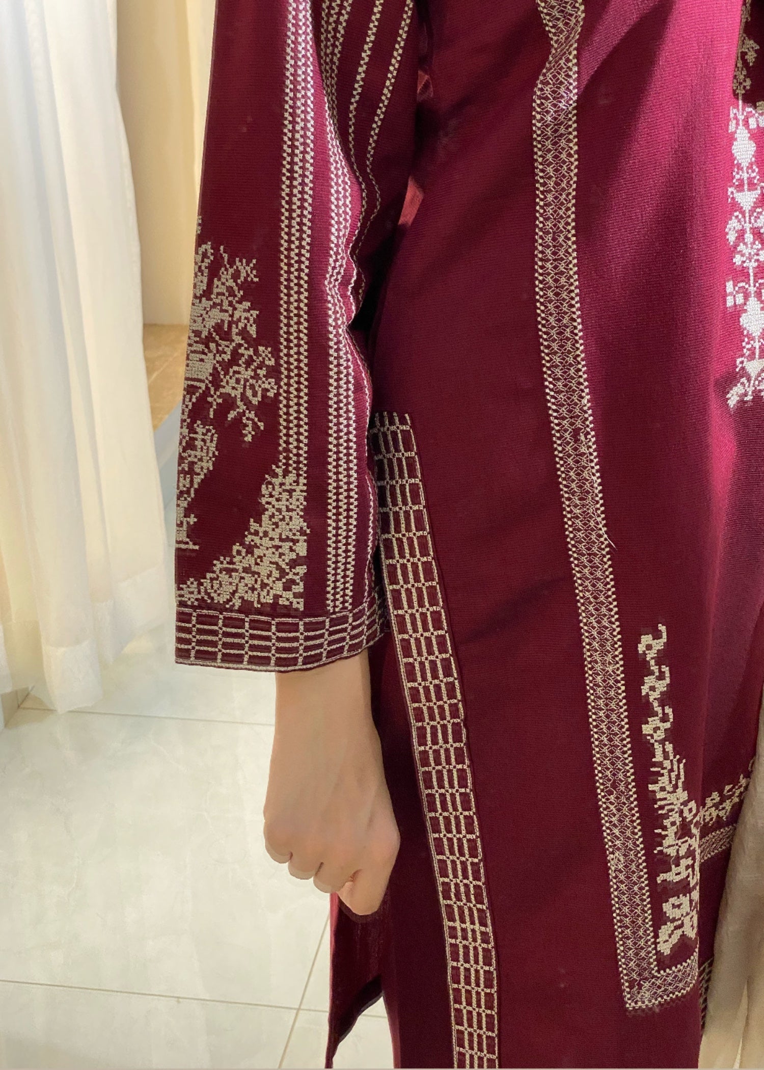 cotton karandi Kurta Set in Burgundy