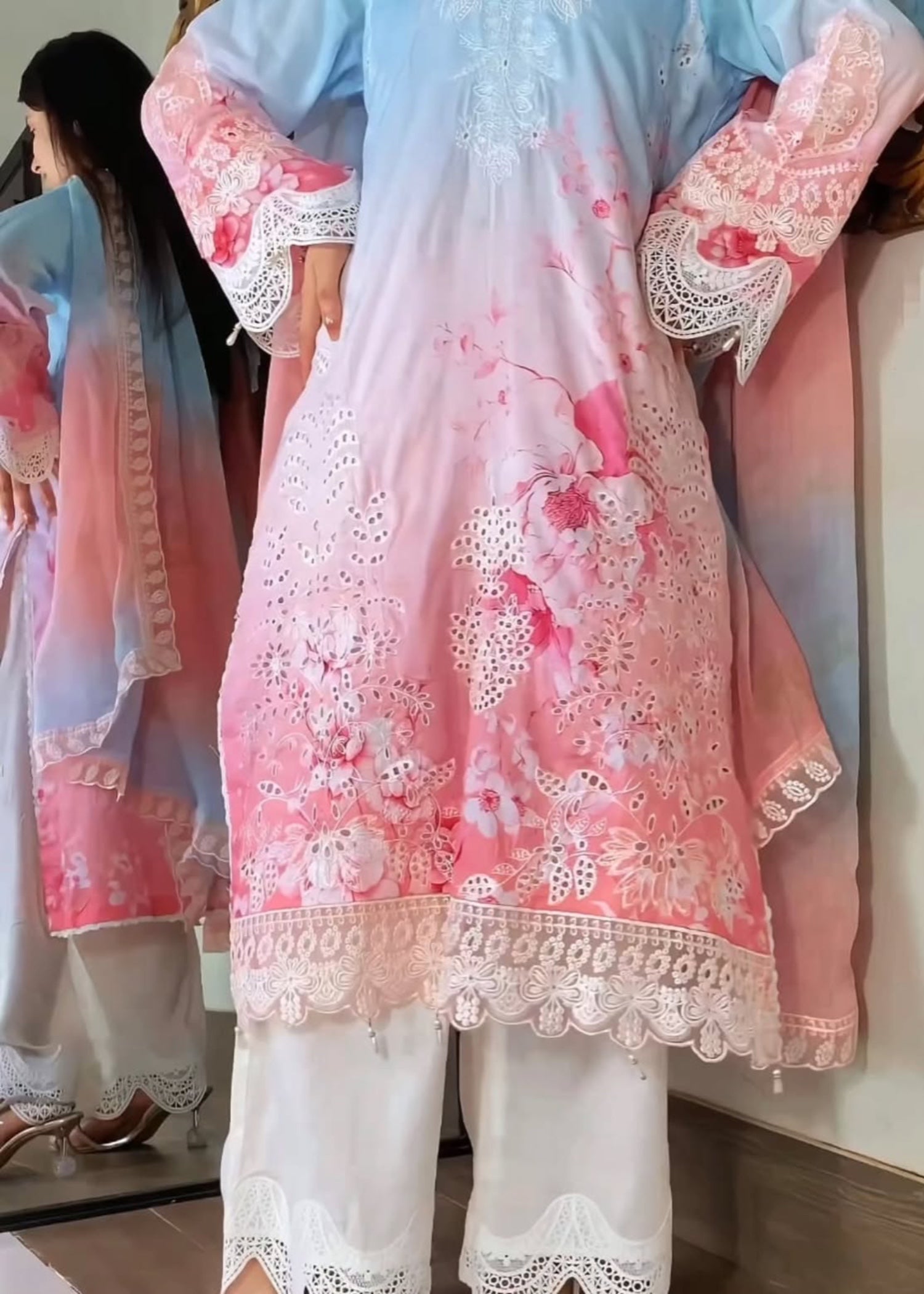 lawn Kurta Set in Multi, pink, sky blue