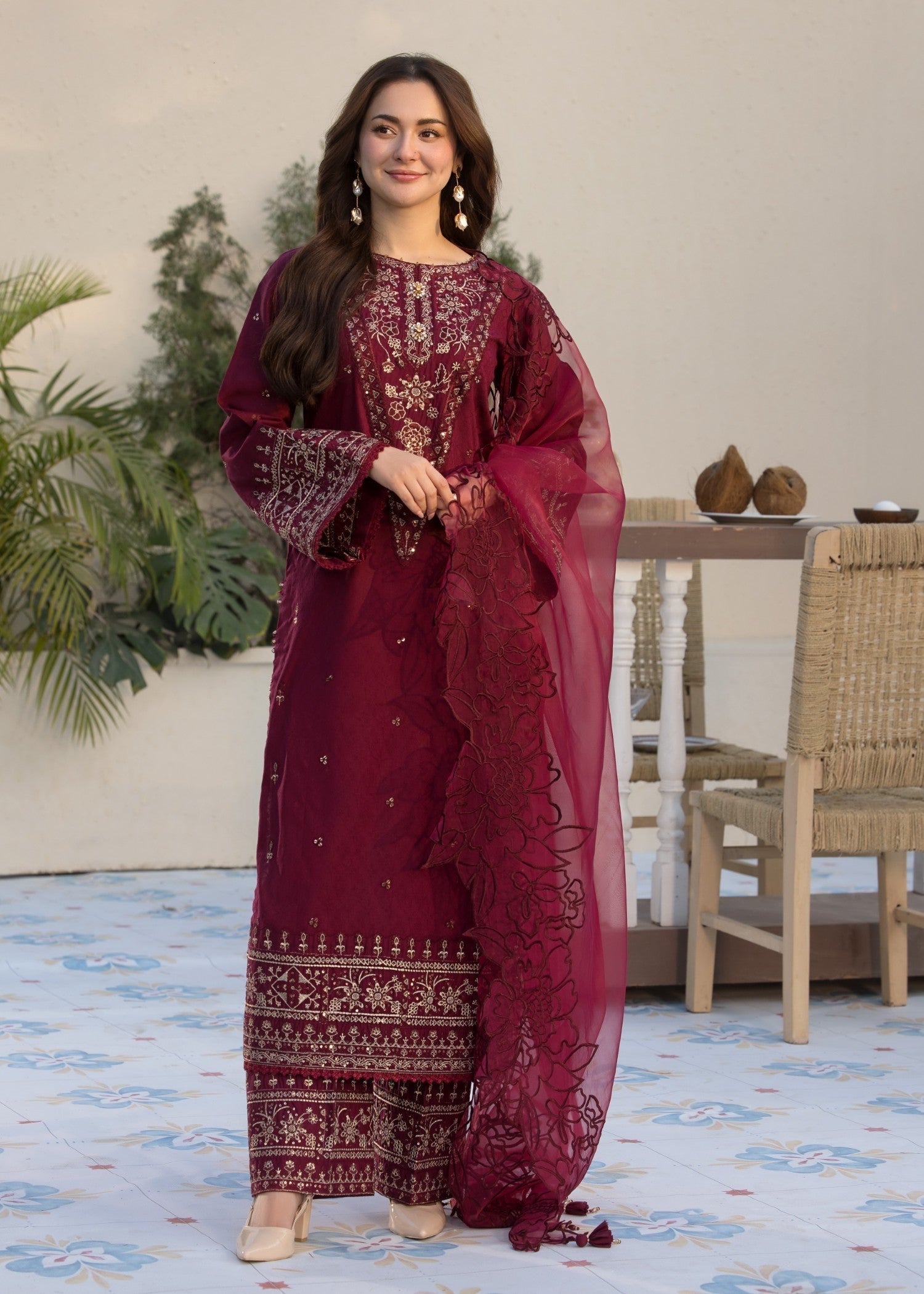 self jacquard Kurta Set in Maroon