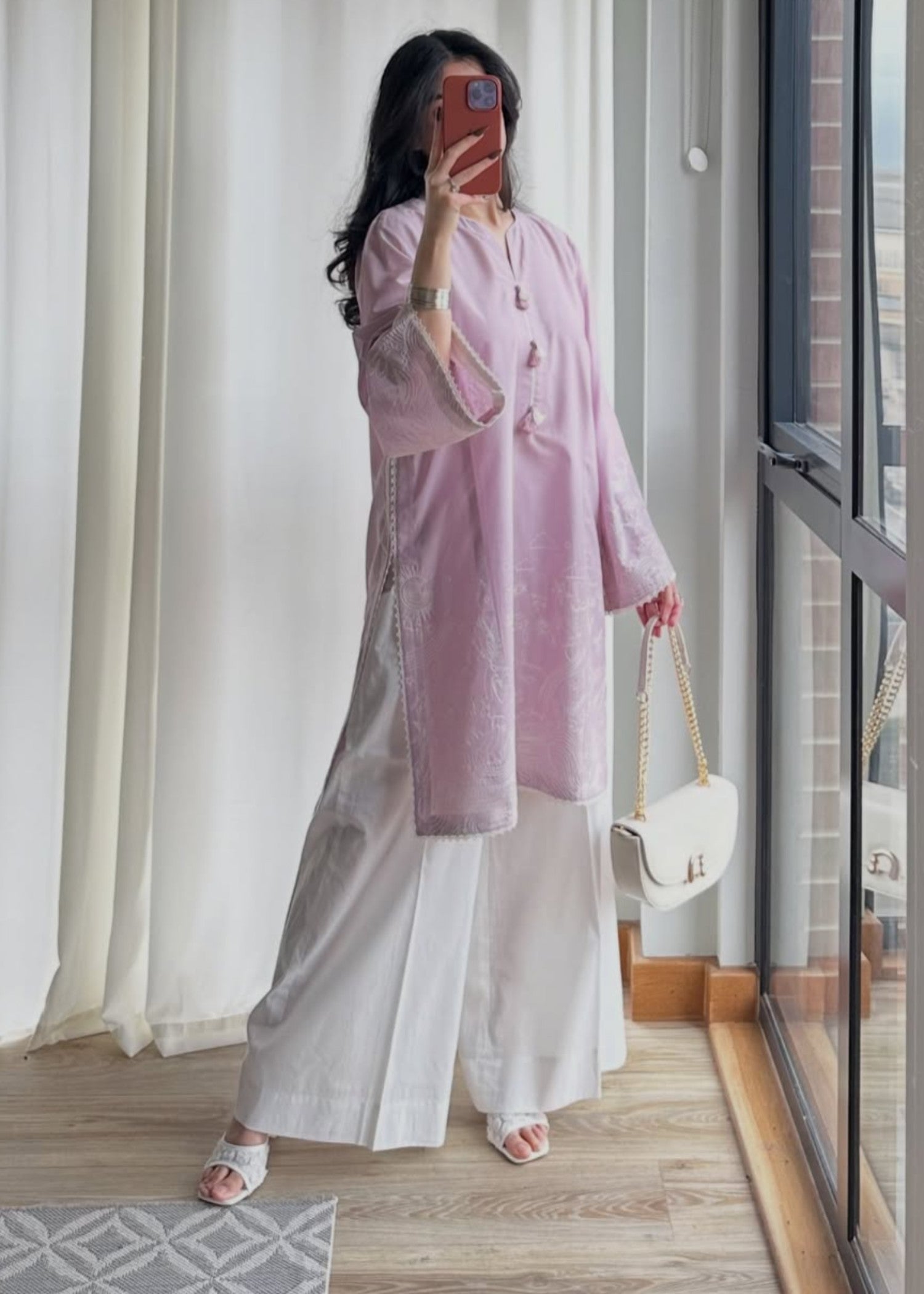 cotton Kurta Set in White, lavender grey