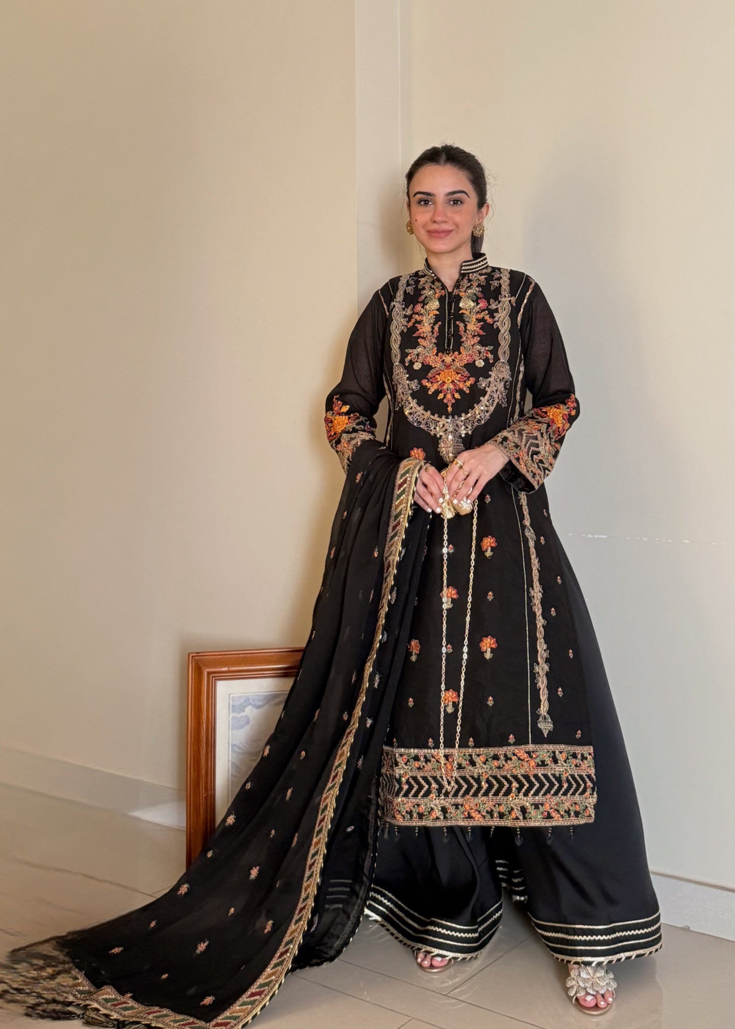 khaddi net Kurta Set in Jet black