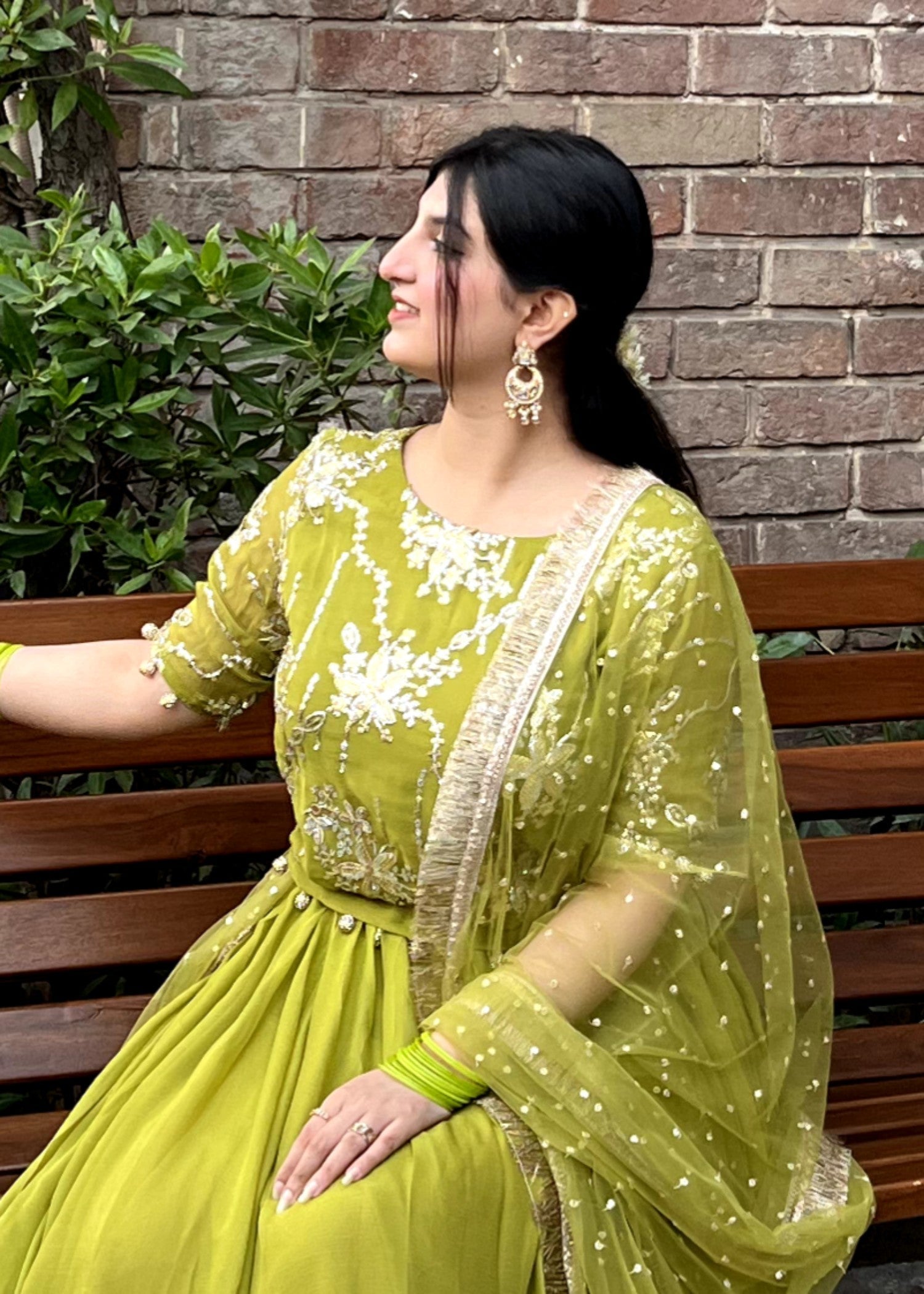 bemberg crinkle chiffon Lehenga in Olive green