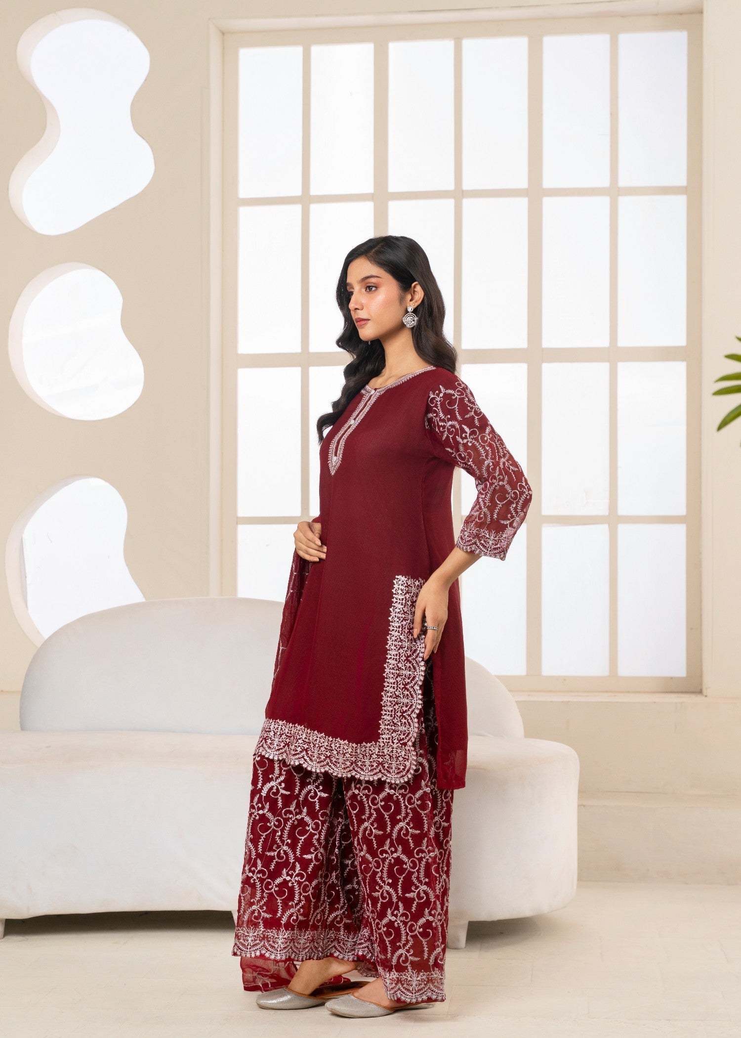 chiffon Kurta Set in Maroon