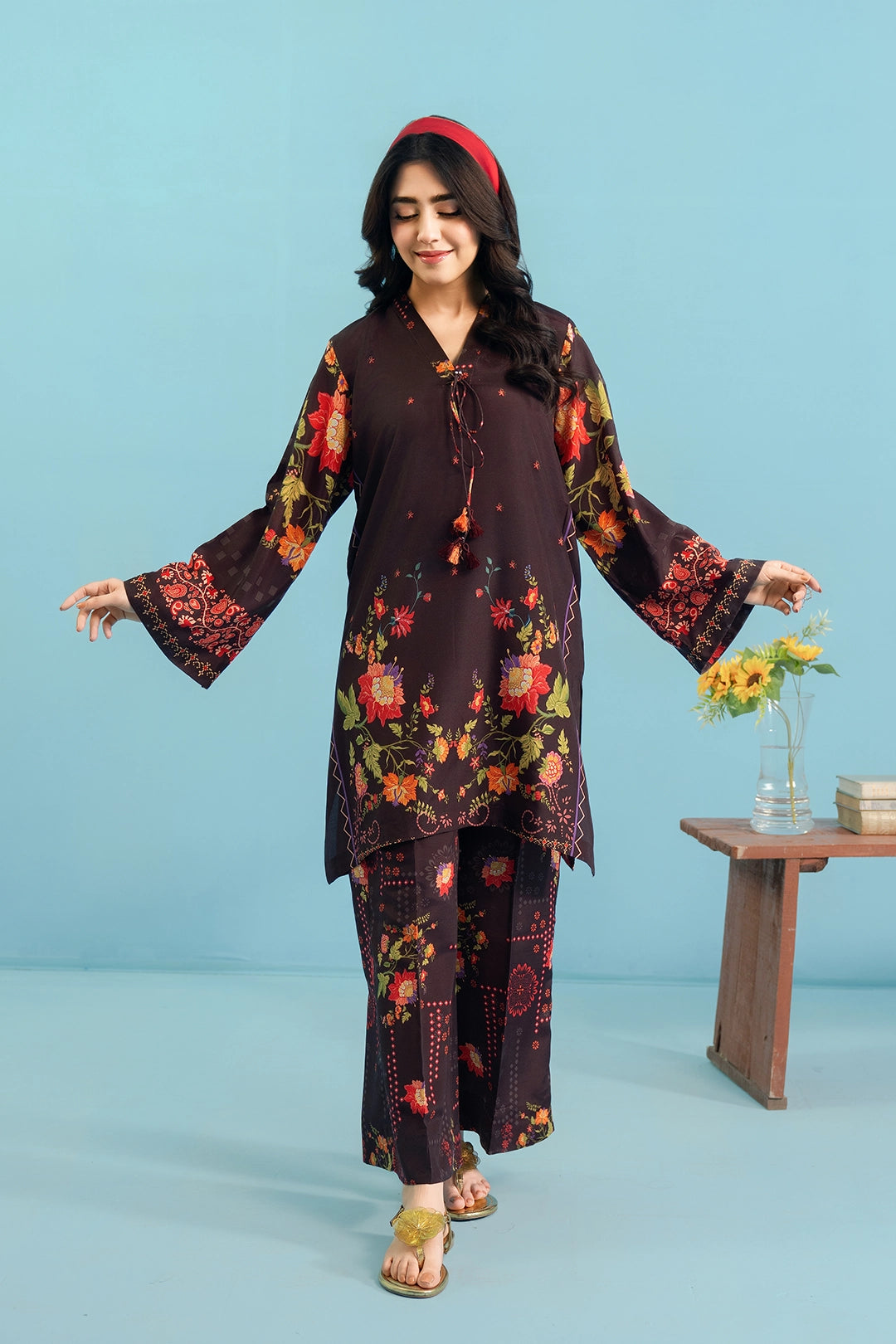 silk finish lawn Co Ord Sets in Dark brown