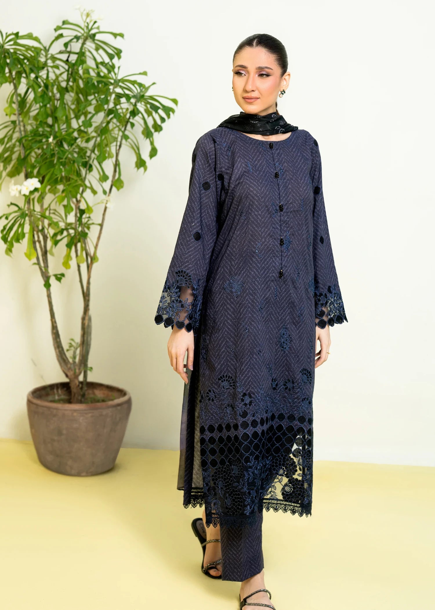 cambric Kurta Set in Black, navy blue