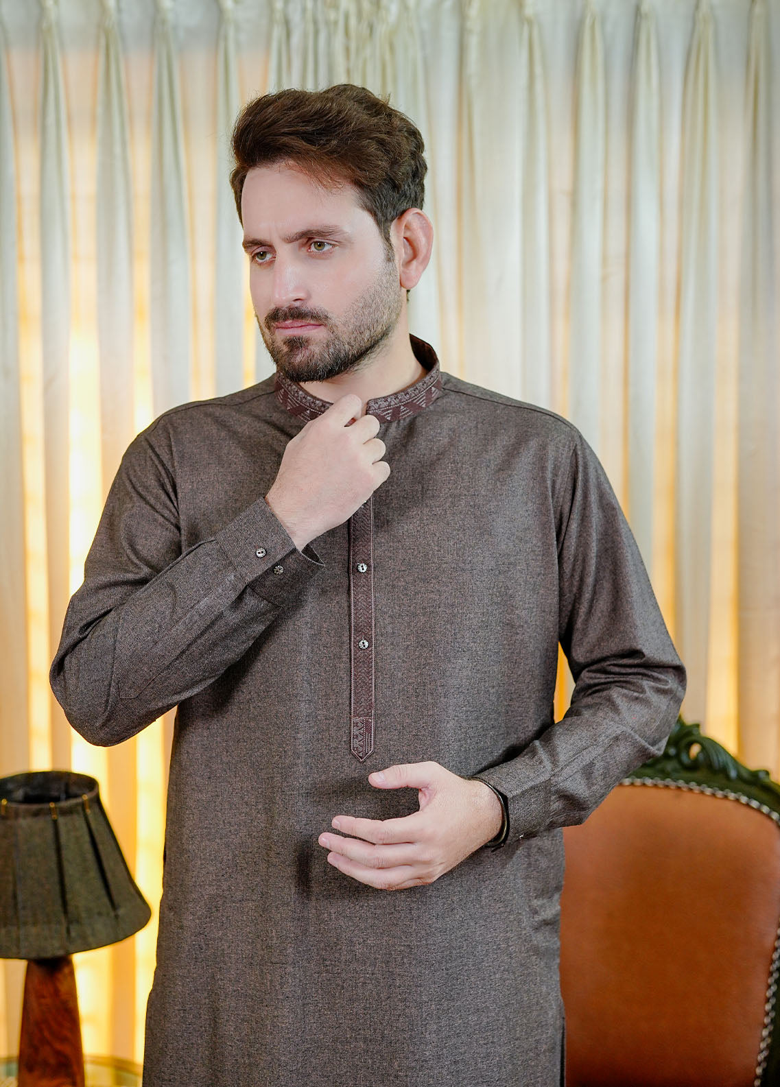 acrylic wool Shalwar Kameez in Walnut brown