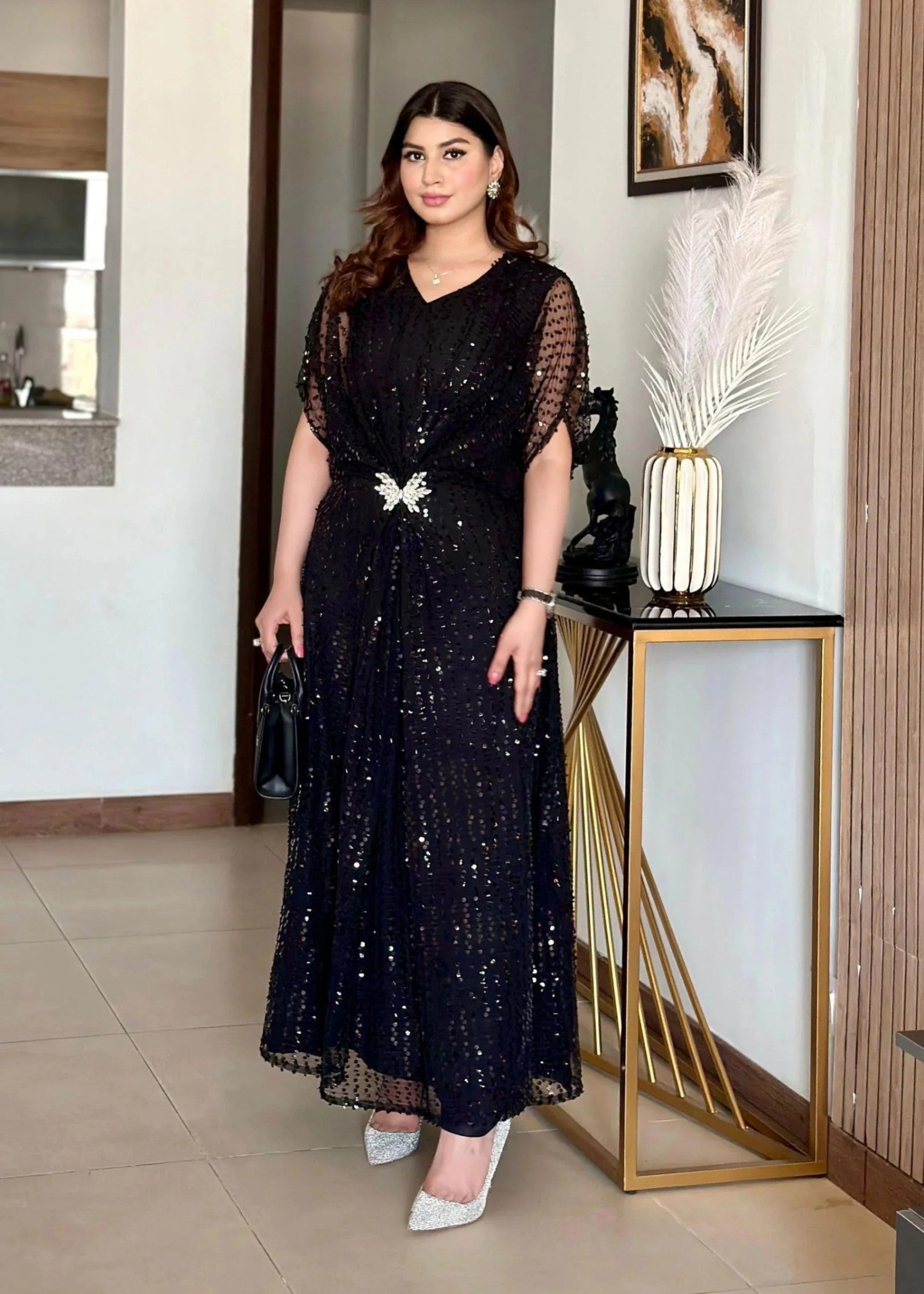 net Kaftan in Black