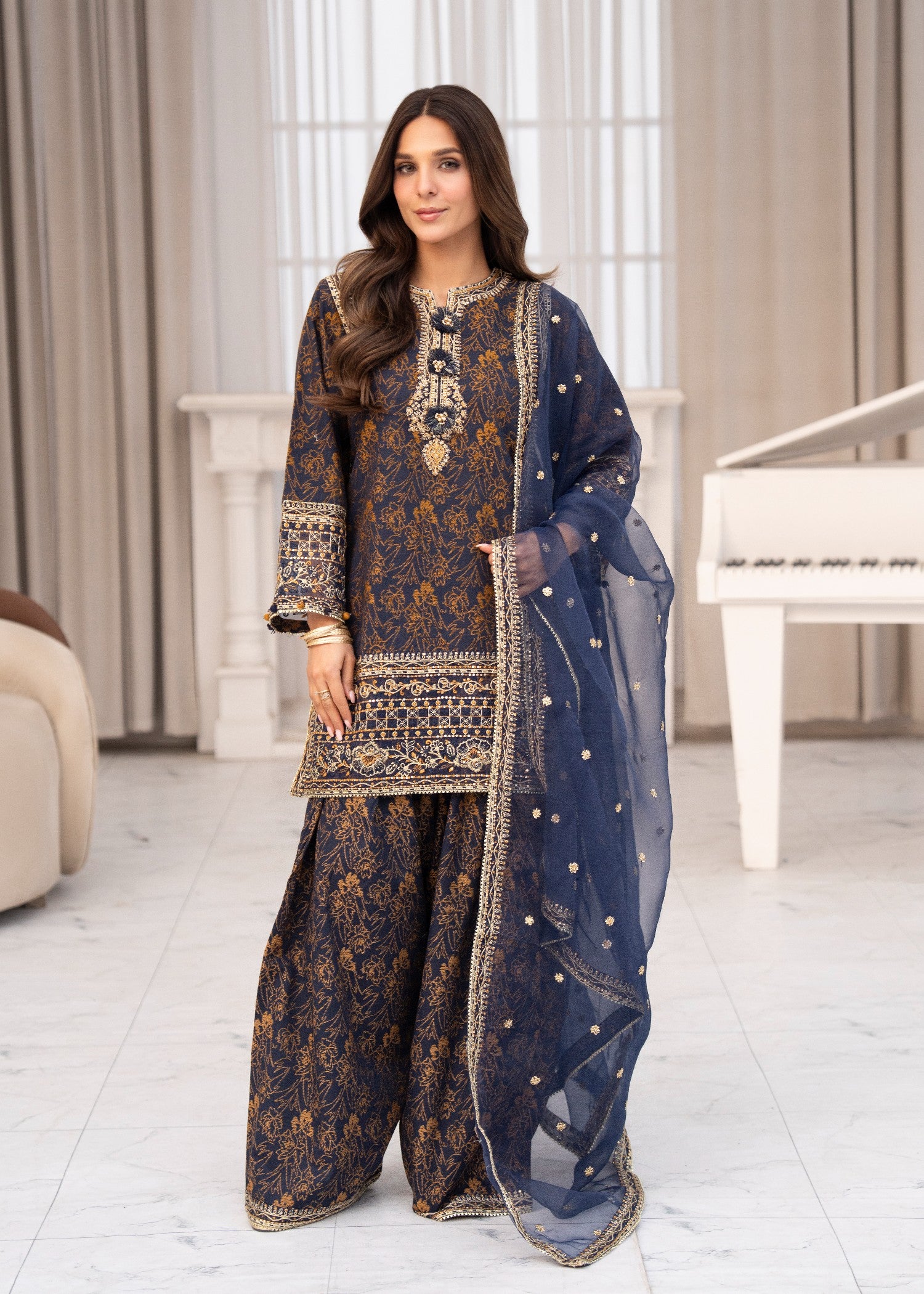 jacquard Kurta Set in Moonlight blue