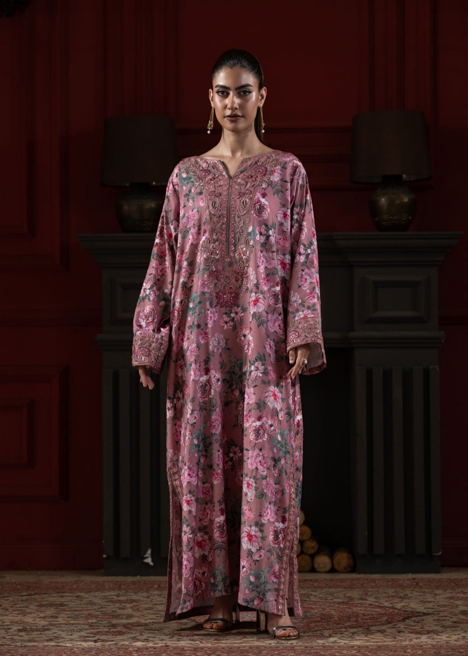 raw silk Kaftan in Zinnia pink
